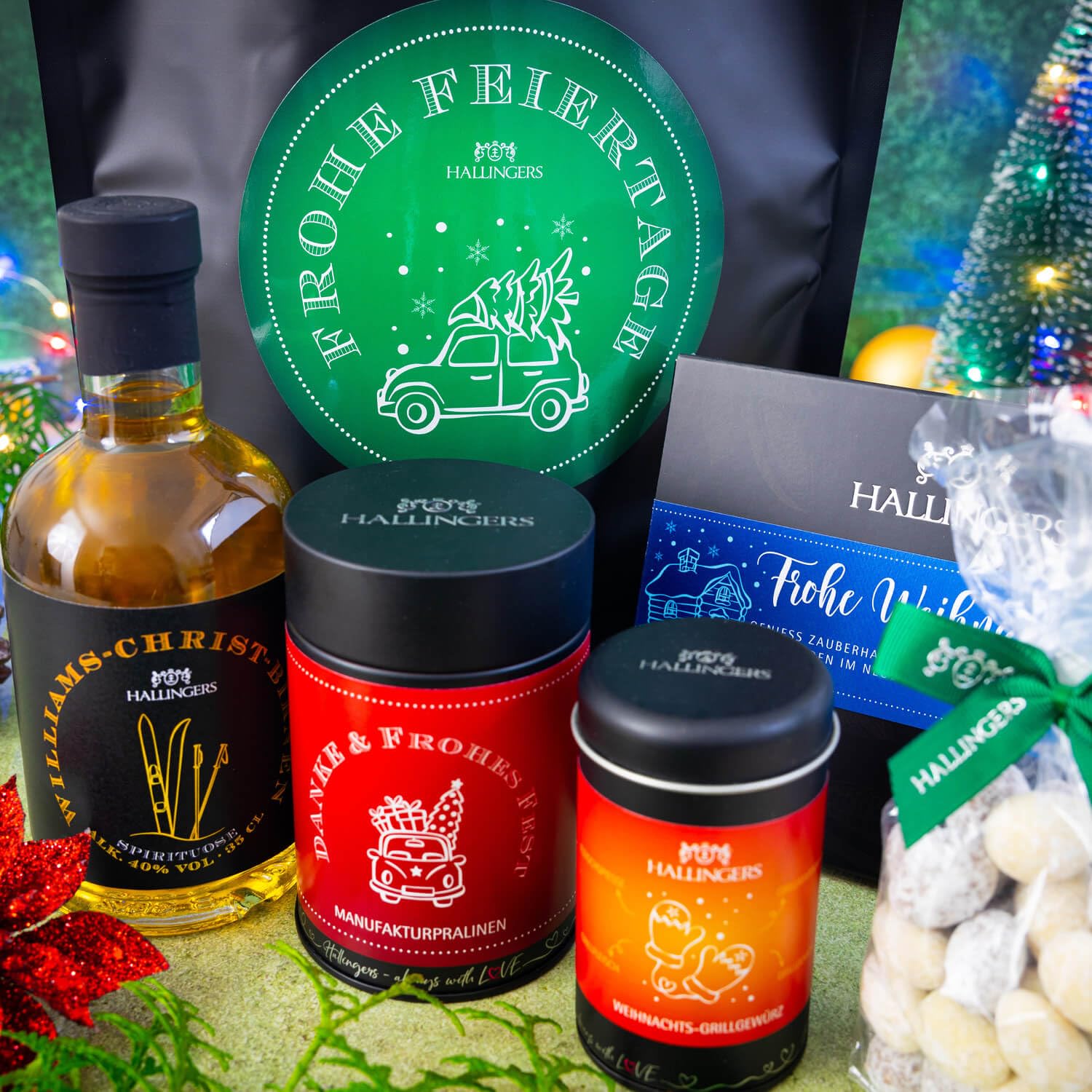 Hallingers Genuss Manufaktur Feinkost Weihnachts-Geschenk-Set - XXL-Wundertüte "Frohe Feiertage" großes Mitbringsel Schokolade, Pralinen, Mandeln, Gewürz & Williams-Christ, Weihnachten für Frauen