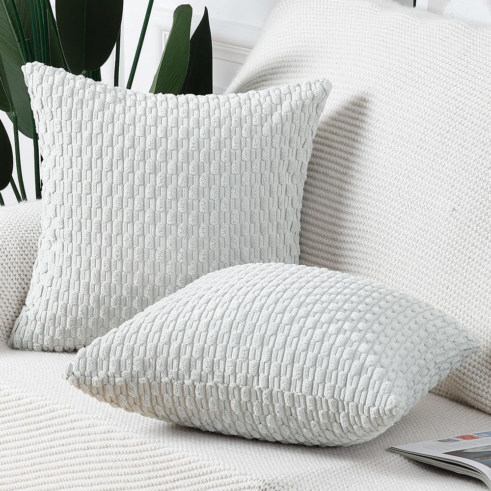 MADIZZ Pack of 2 Corduroy Decorative Throw Pillow Covers 22x22 Inch Greyish White Soft Boho Striped Couch Throw Pillows for Bed Pillowcases for Sofa Livingroom Home Decor