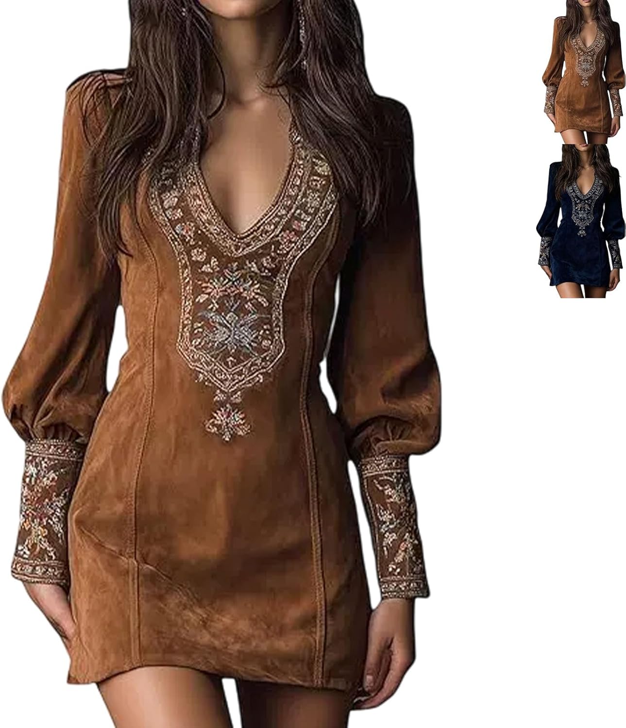 Faux Suede Dress,Women’s Faux Suede Western Dress Long Sleeve V Neck Embroidered Cowgirl Style