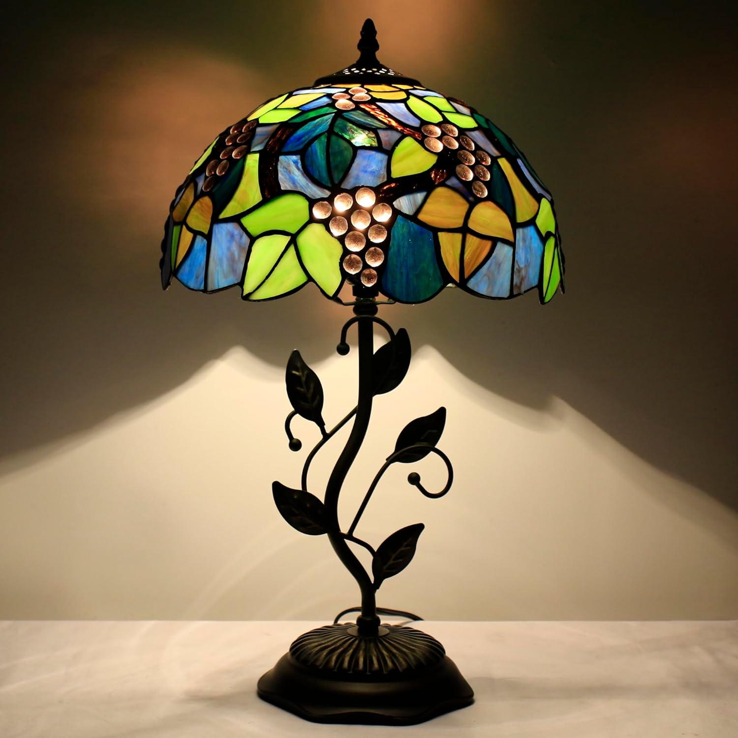 Tiffany Lamp Table Lamp Stained Glass Desk Light 12X12X19 Inches Reading Light Decor Bedroom Living Room (Amber Grape Style)