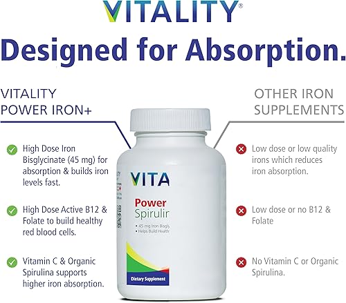 Miniatura 7 de Vitality Power Iron + Spirulina  Hierro de 45 mg  Constructor de sangre  Apoyo a la deficiencia de hierro  Vegano  Suplemento natural  Suave con el