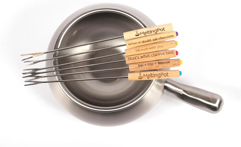 Juego de fondue oficial de 8 piezas Melting Pot -2 cuartos de galón. Olla de acero inoxidable con revestimiento y 6 tenedores para fondue para queso, chocolate y caldo