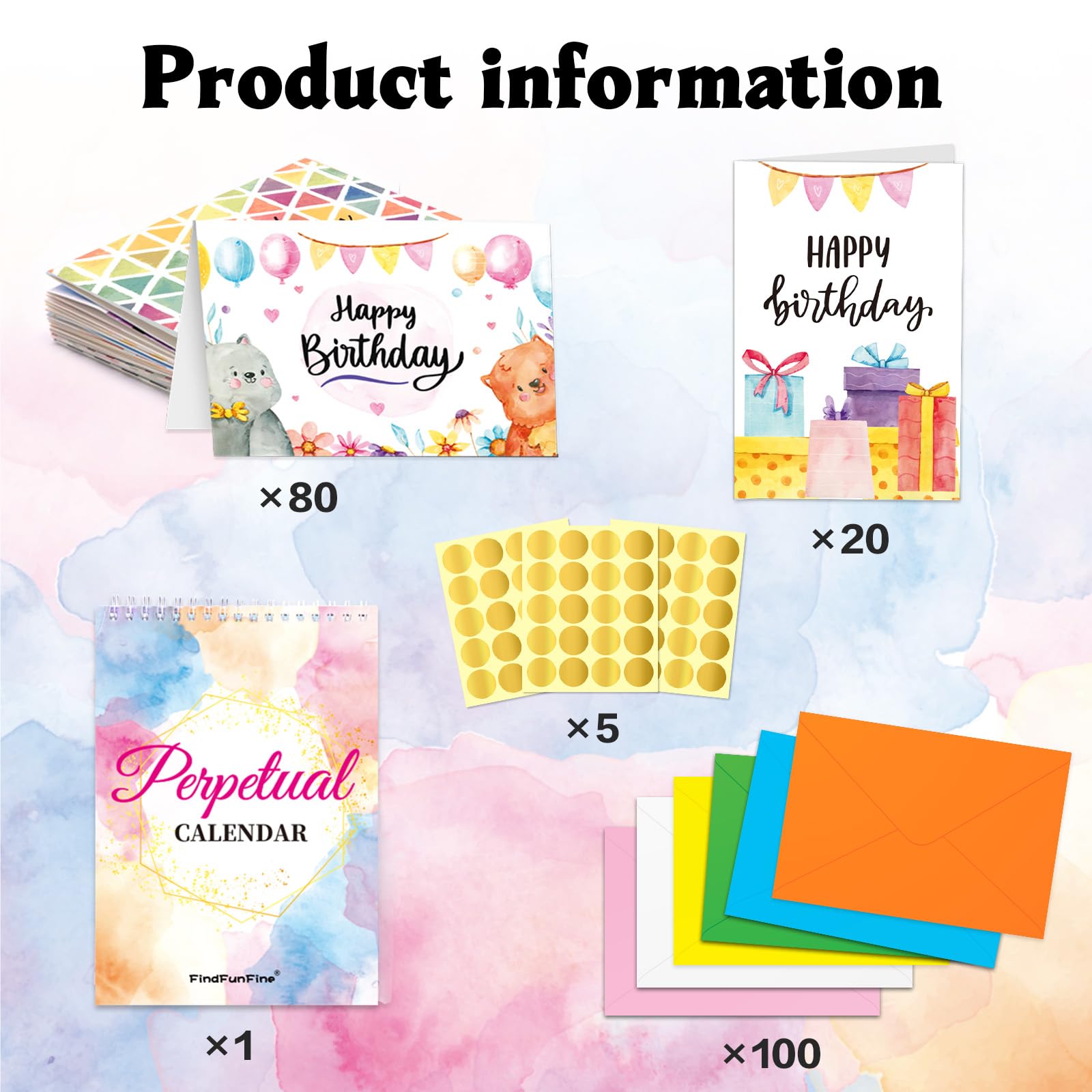 Biglietti assortiti di buon compleanno, set da 100 biglietti di compleanno unici con buste, adesivi con sigillo dorato, calendario di compleanno, scatola regalo di compleanno con messaggio