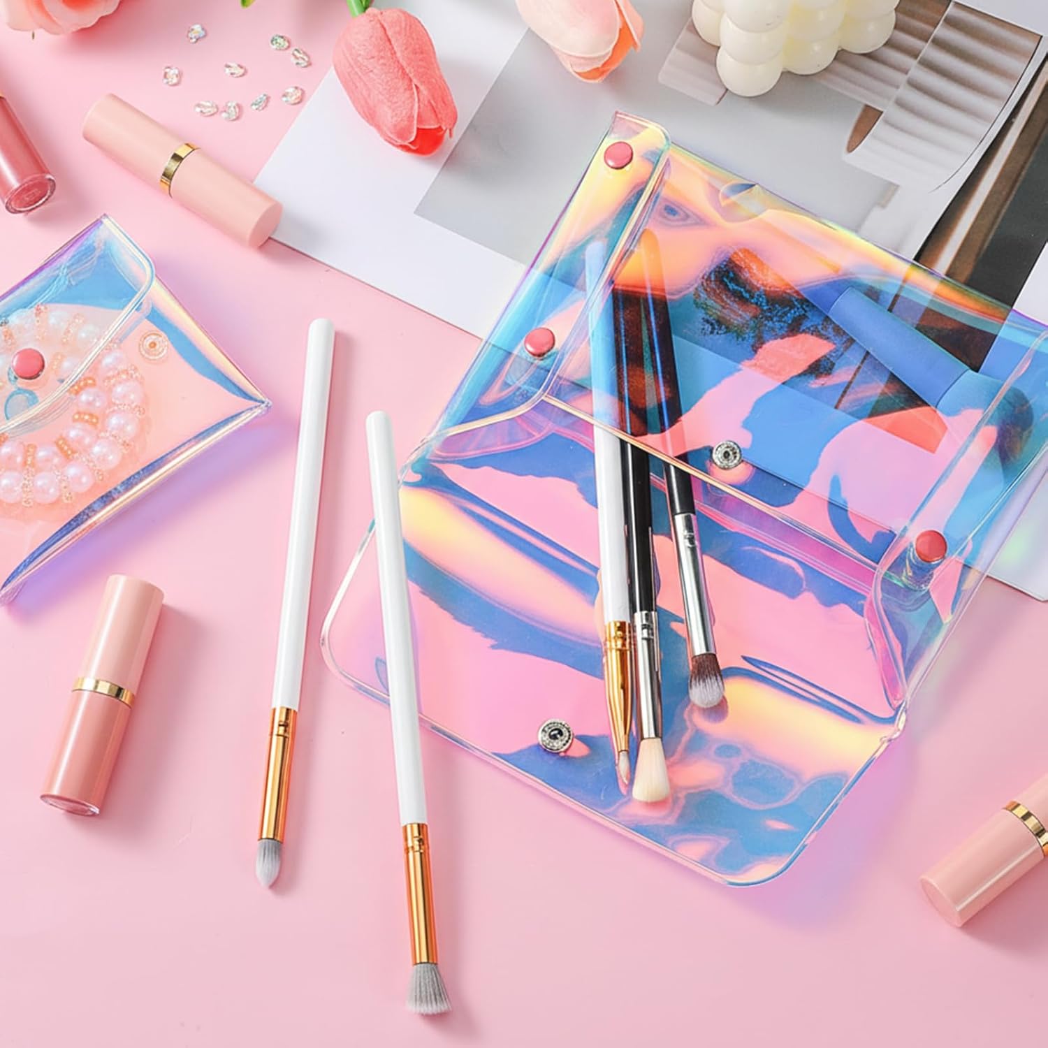 3 Pcs Holographic Makeup Bag, Iridescent Clear Coin Purse Waterproof Small Cosmetic Bag Portable Pencil Pouch Envelop Storage Bags Organizer for Women Girls (2 Size) - Image 3