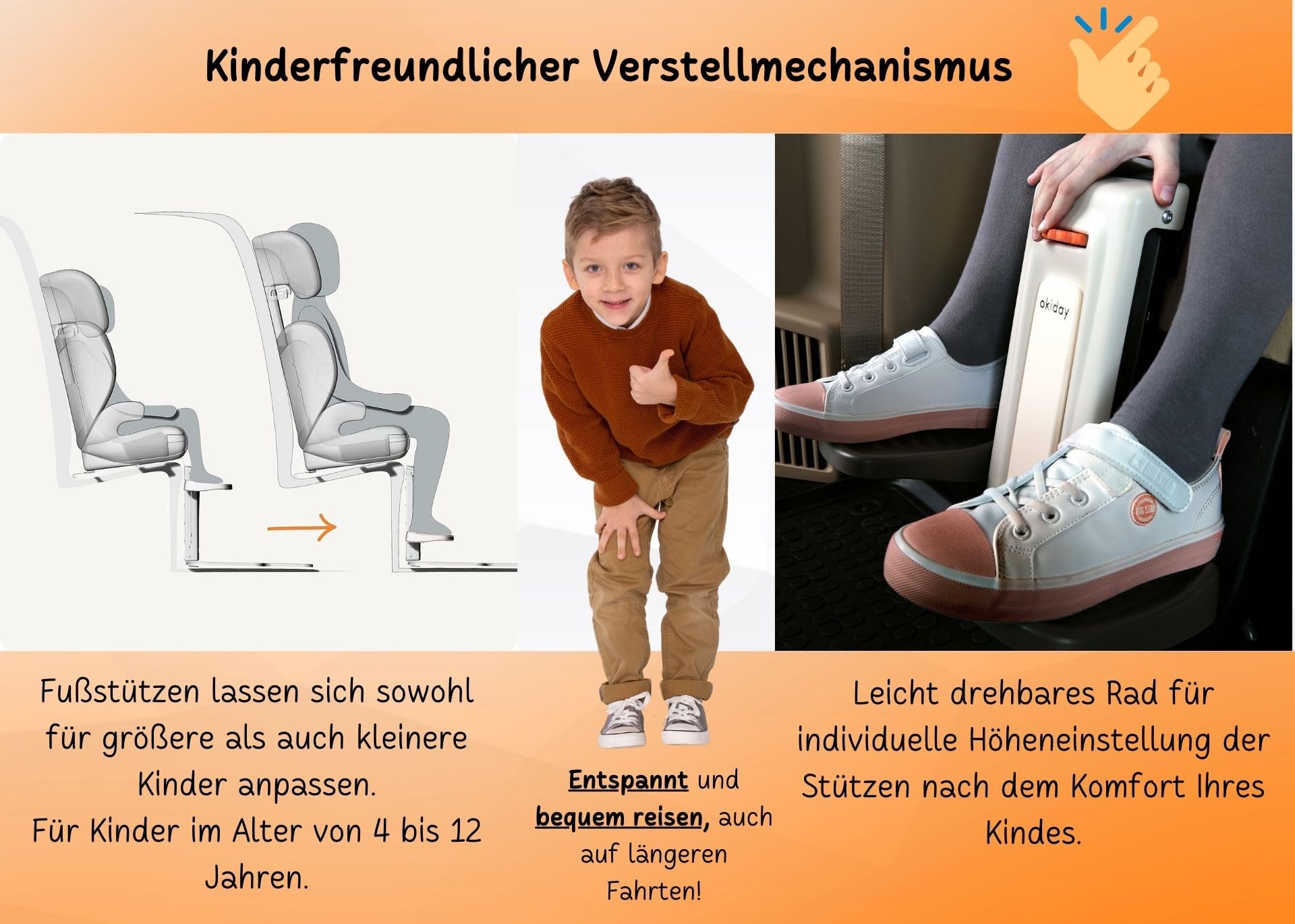 Kindersitz Fußstütze für Kinder 4 bis 12 Jahre für korrekte & bequeme Sitzposition| Farbe Orange | Fußstütze Kindersitz Höhenverstellbar - TÜV Zertifiziert