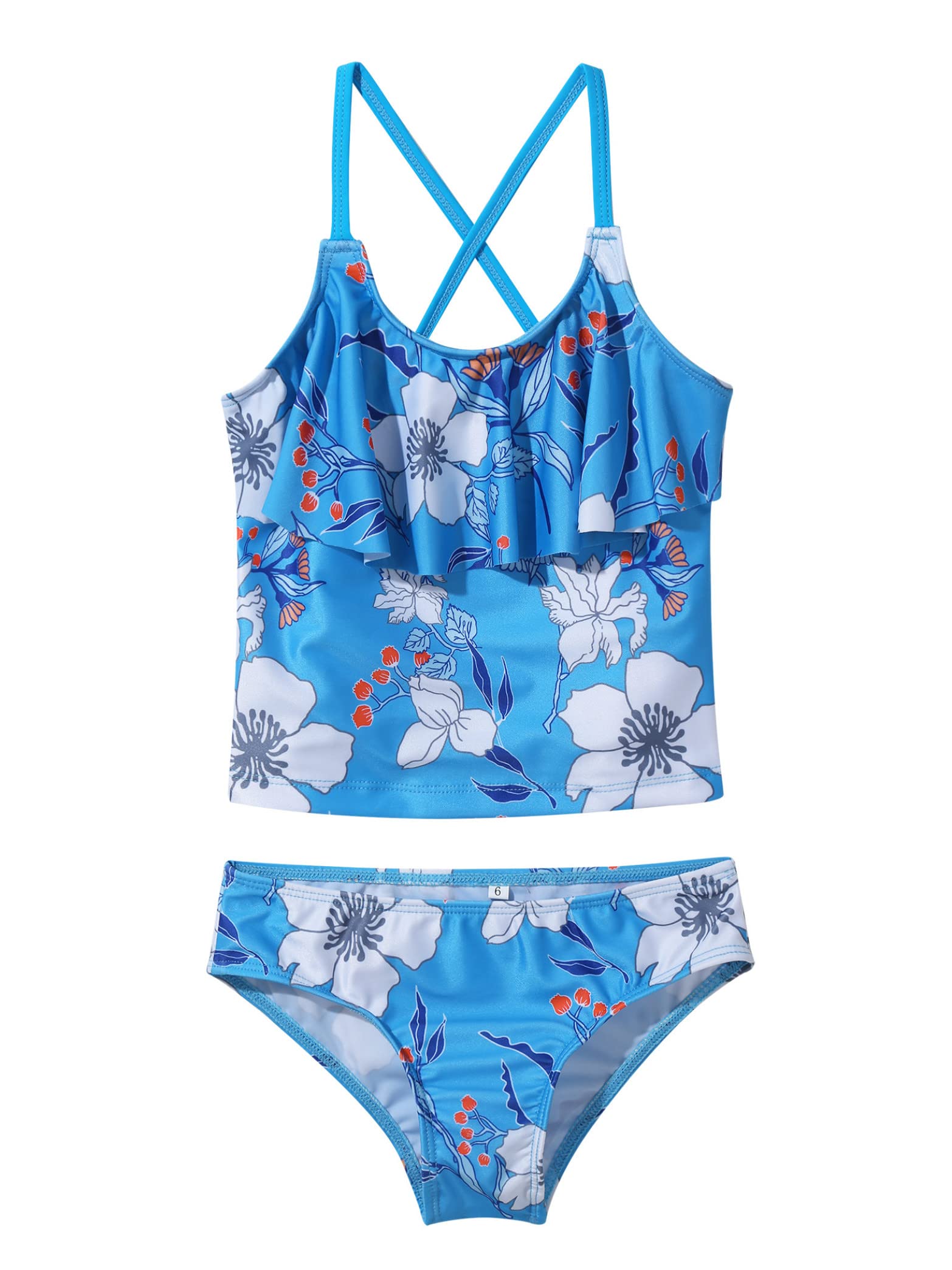 Daenrui Kids Girls 2 Piece Tropical Print Tankini Sets Bathing Suit Spaghetti Strap Ruffles Hawaii Swimsuit Blue 6 Years