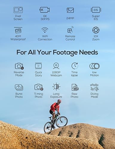 Miniatura 8 de iZEEKER Cámara de acción 4K 24MP con pantalla táctil, cámara subacuática de 40M impermeable, cámara de vlog de doble pantalla con EIS3.0, WiFi,