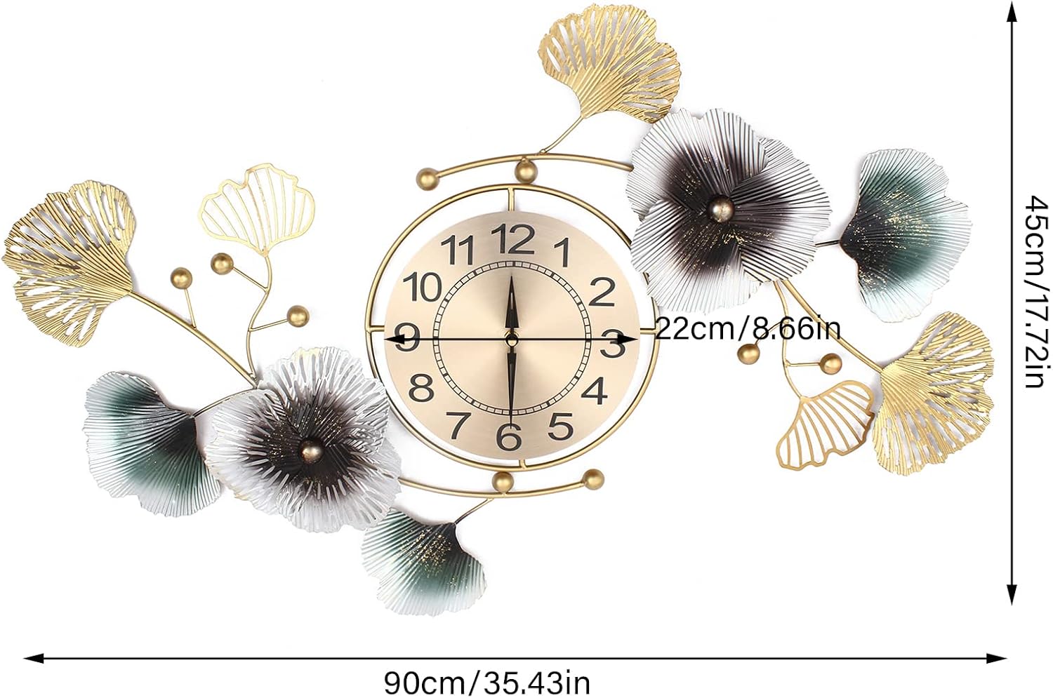 Wall Clock Metal Ginkgo Leaf Design Retro Creative Decor Wall Clock 35.43''×17.72'' Silent Non Ticking Digital Wall Clock Decoration for Indoor Home Bedroom Living Room, Battery NOT Included