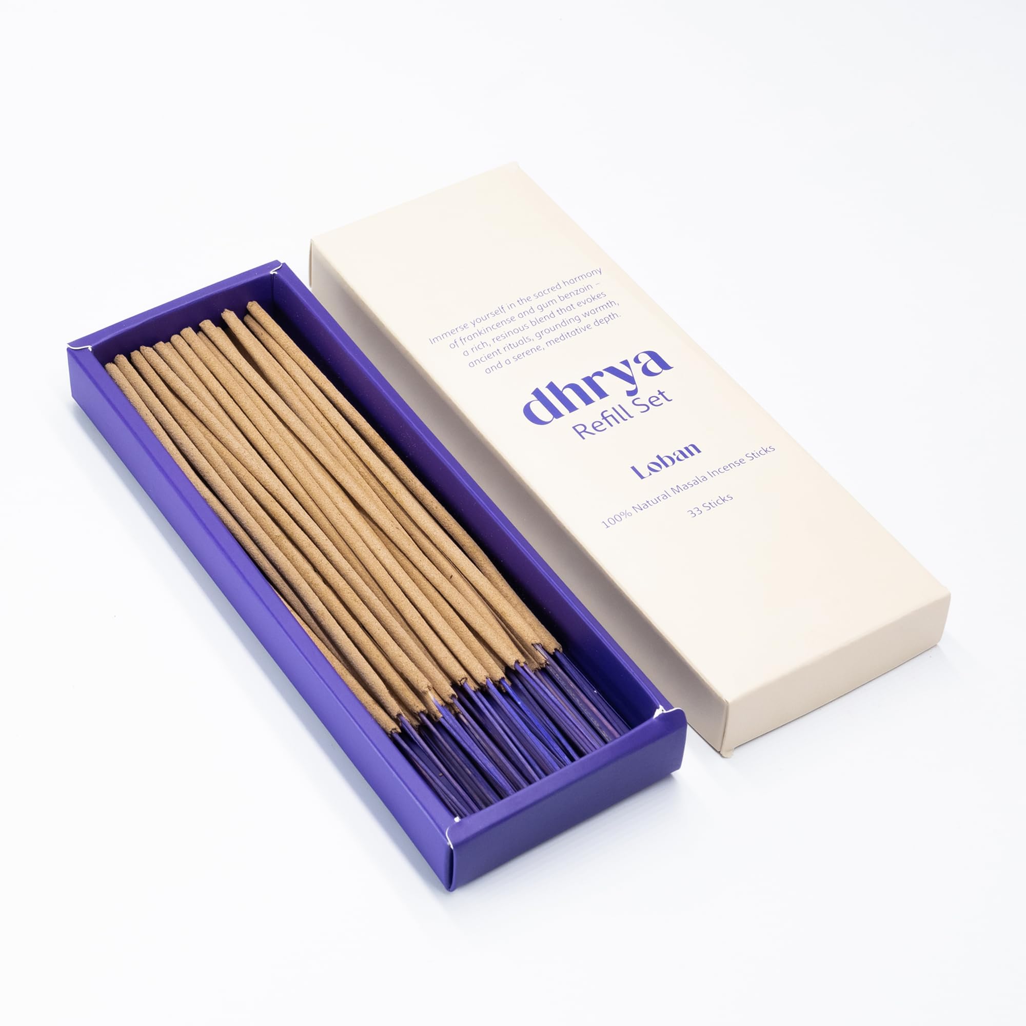 Dhrya Purple Loban Frankincense Luxury Incense Stick Refills – Hand-Made Natural Masala Incense, Organic, Charcoal-Free, Frankincense & Benzoin (33 Refill Sticks Only)