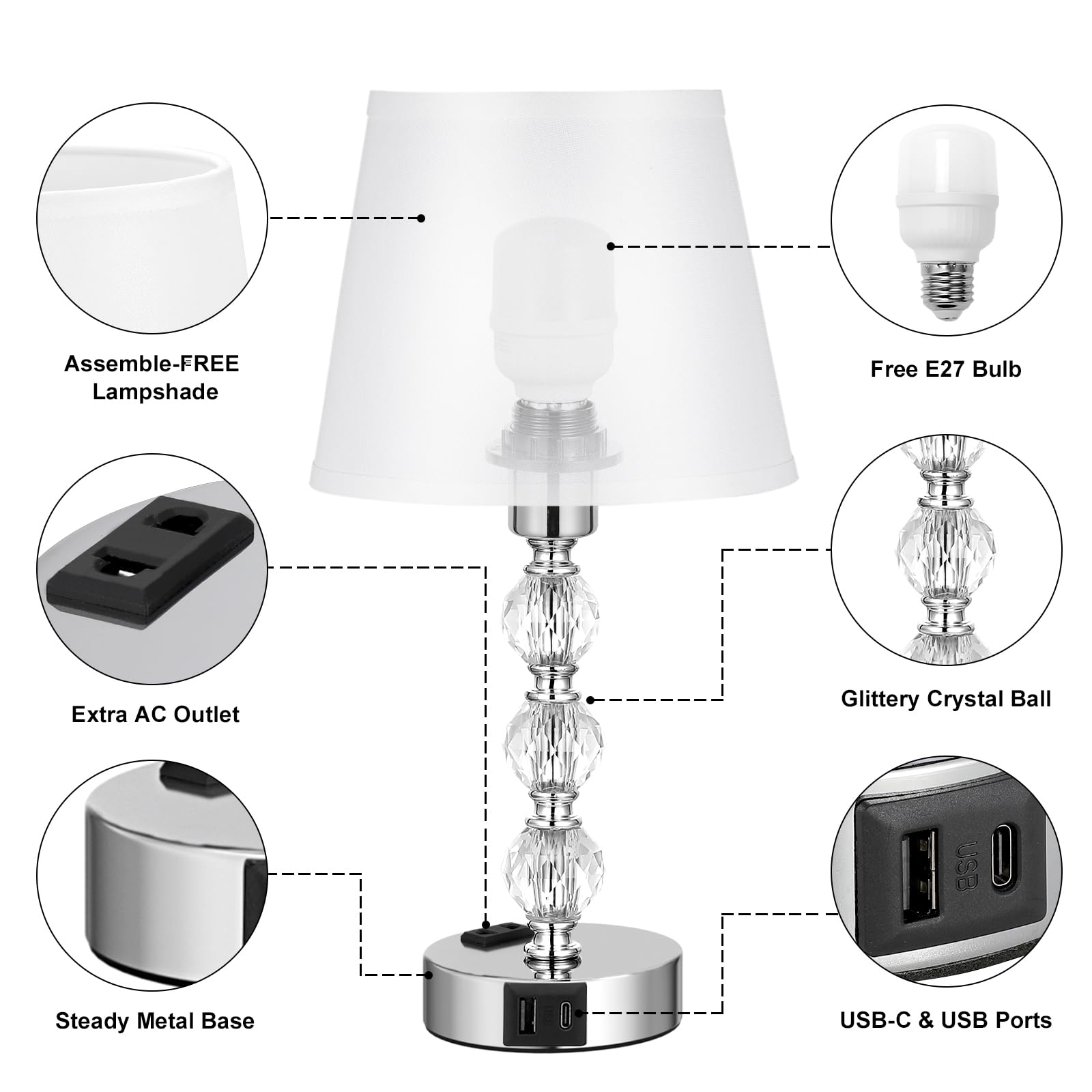 Set di 2 Lampade da Comodino in Cristall, Abat Jour da Comodino Touch Dimmerabile a 3 Vie con Porte USB-A+C+2 Presa CA, Lampada da Tavolo per Camera da Letto Soggiorno Ufficio(2 Lampadine Incluse)