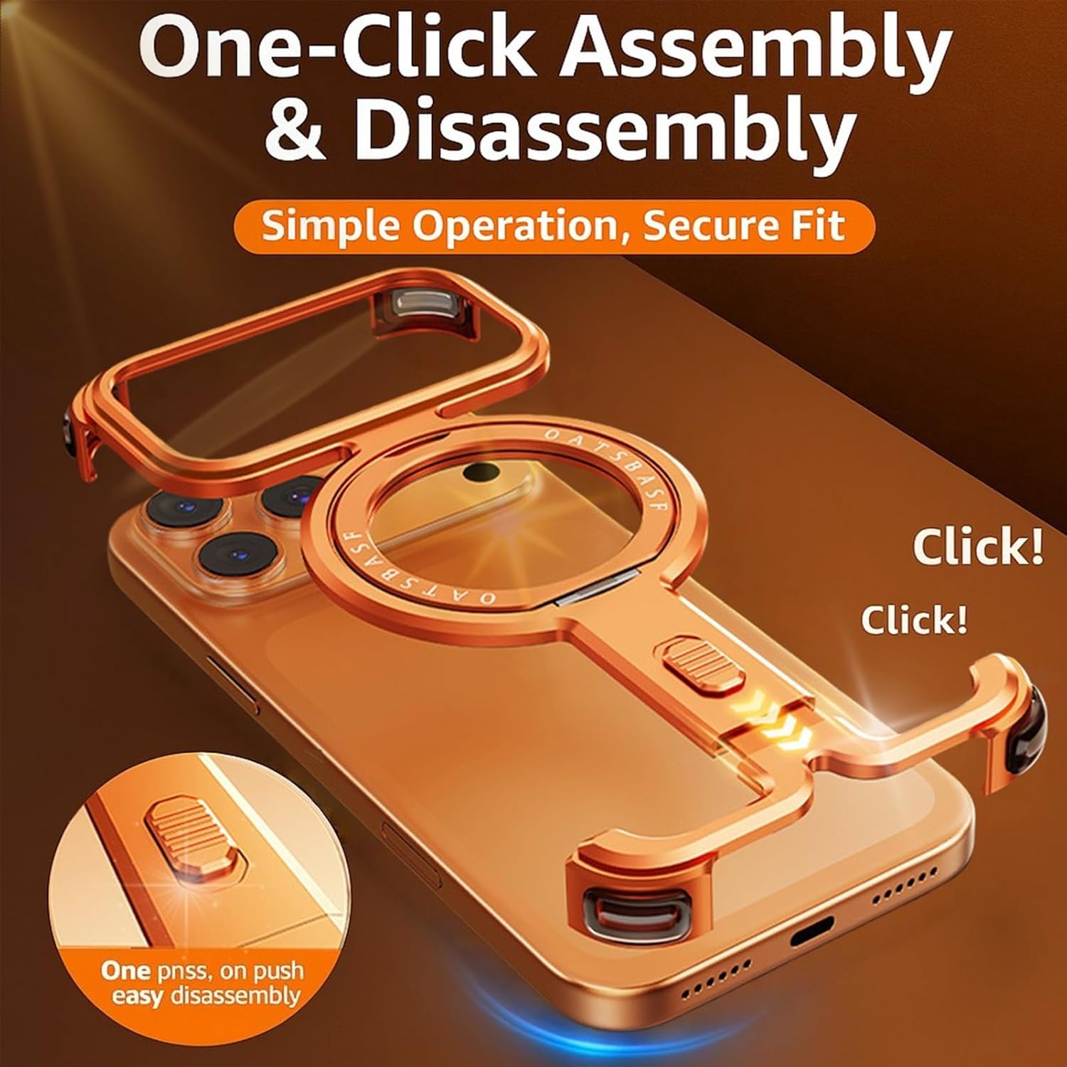 Metal Skeleton Case for iPhone 17 Pro / 17 Pro Max, Frameless Aluminum Bumper with 360° Rotating Ring Stand, Slim Shockproof Corners, Compatible with MagSafe(Titanium,17 Pro Max)