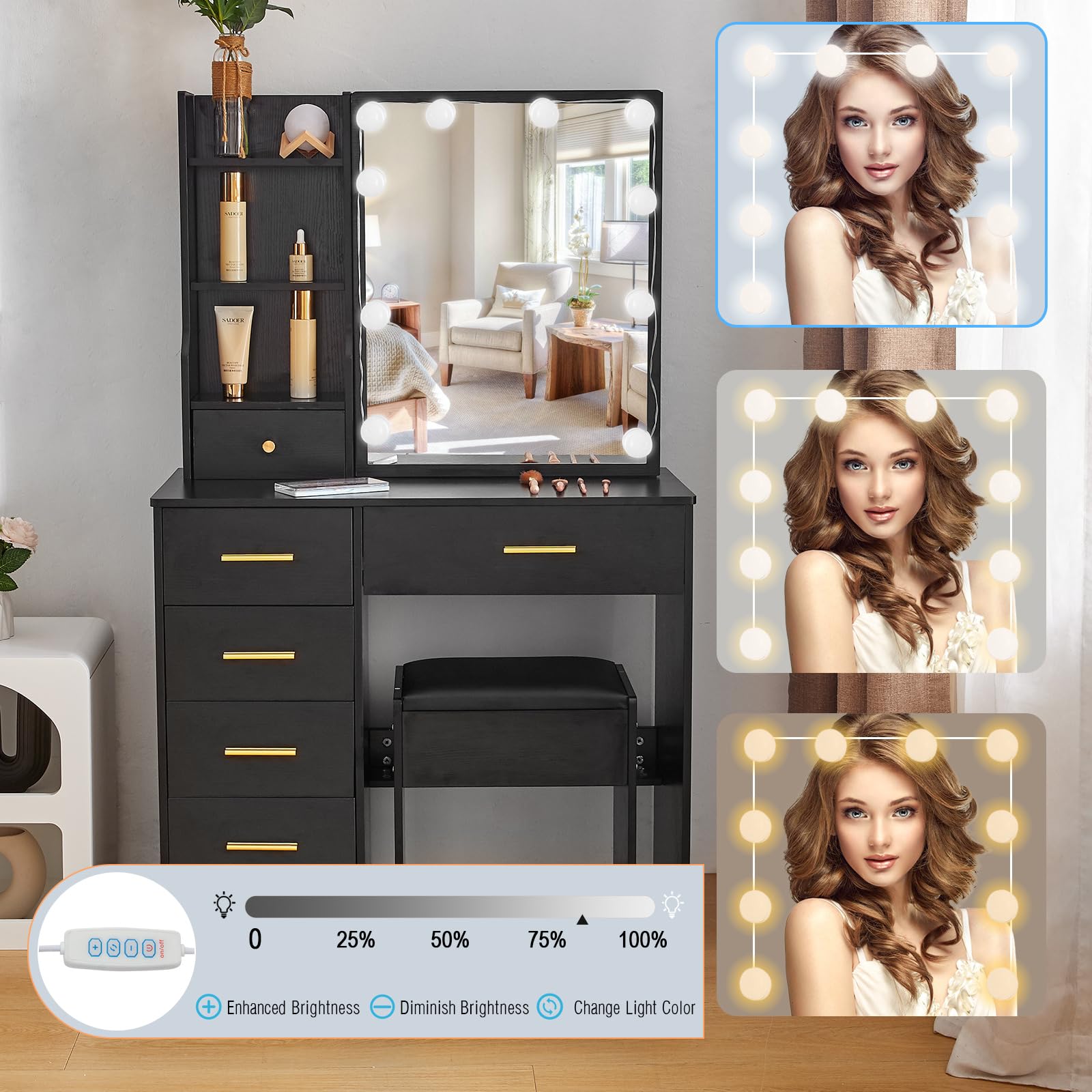 Erganza Schminktisch Mit Beleuchtung & Hocker - 131cm Frisiertisch Mit Spiegel