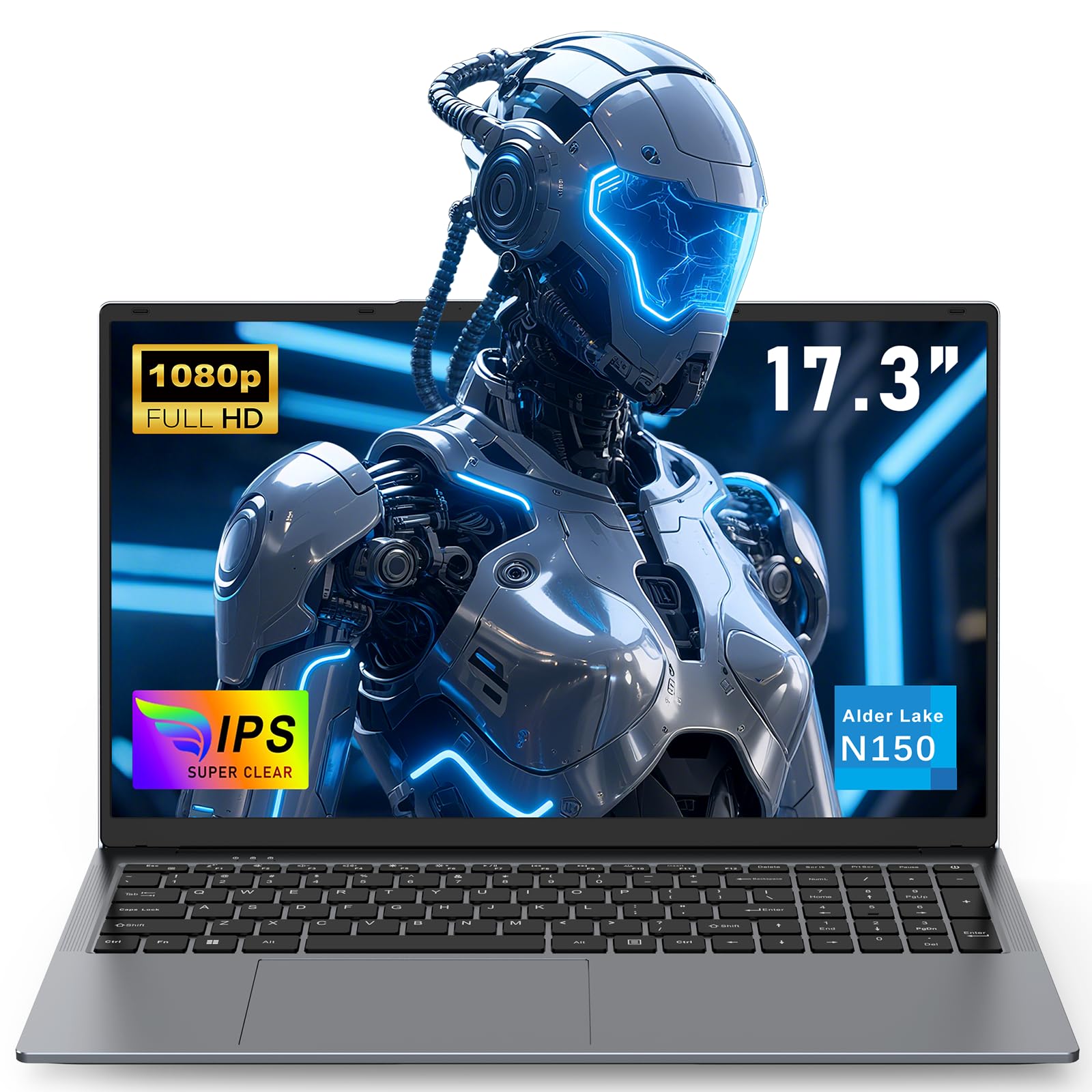 NAIKLULU 17.3 Pollici Computer PC Portatile Processor N150(1.2 a 3.6Ghz), RAM 16GB SSD 1TB PC Portatile Laptop 2025 Notebook, 1920x1200P/Tastiera Completa Retroilluminata/Webcam/Touchpad/6000Mah
