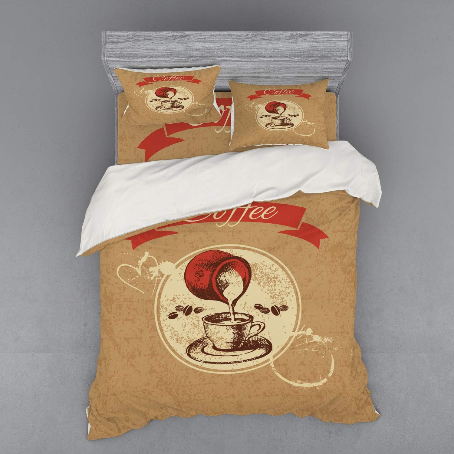Ambesonne Coffee Duvet Cover Set, Weathered Look Vintage Circle Frame Spilling Milk for a Creamy Taste, 4 Piece Bedding Set with Shams and Fitted Sheet, Queen Size, Pale Brown Vermilion Cream