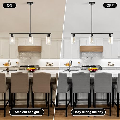 Miniatura 6 de Iluminación de isla de cocina, 3 lámparas de araña de comedor, lámpara colgante negra con pantallas de cristal, lámpara lineal moderna de 31