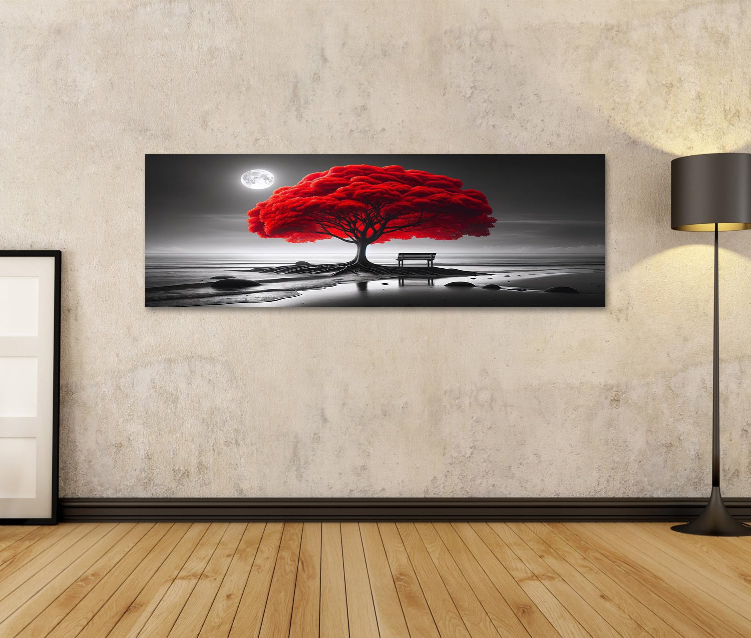 islandburner Primer cuadro sobre lienzo árbol rojo brillante en una playa monocromática con luna cuadros murales póster