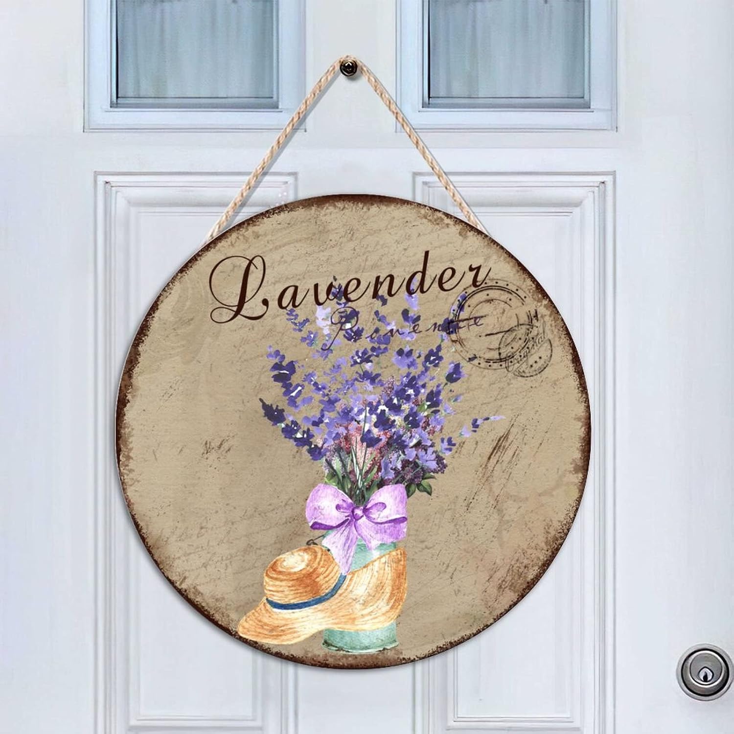 Personalized Pattern Wall Door Hanging Sign, Lavender Wood Door Sign, Custom Calligraphy 16x16in Front Door Round Wood Sign for Front Door Entryway Porch Bar Pub Farewell Party Housewarming Gifts