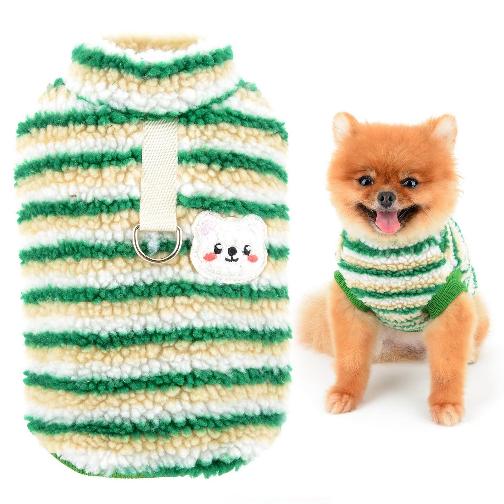 SMALLEE_LUCKY_STORE Colorful Striped Dog Fleece Jumper Stretchy Pullover Soft Warm Dog Cold Weather Coat for Small Dogs Cats with Leash Ring Puppy Yorkie Chihuahua Fall Winter Clothes,Green,L