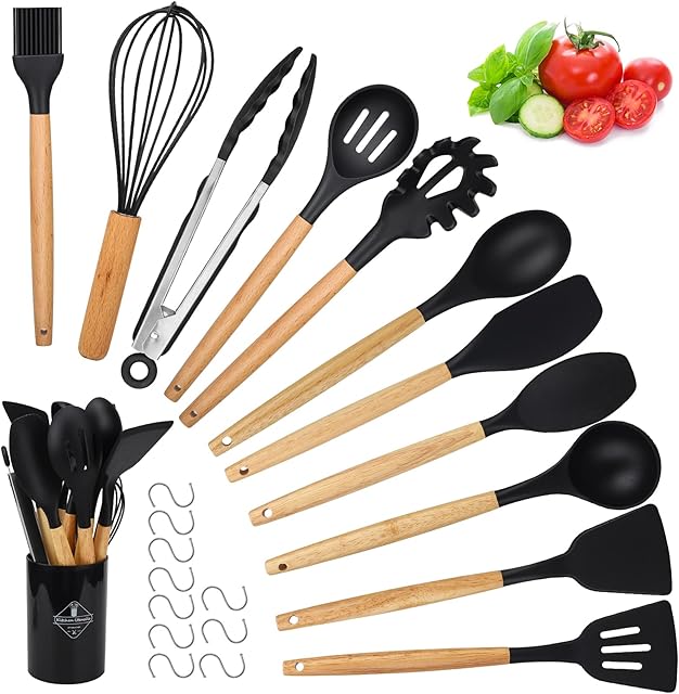 Kitchen Utensil Set, hicoosee 22 Pieces Silicone Cooking Utensils Set, Natural Wooden Handles Cooking Tool BPA Free Non Toxic Non Stick Heat Resistant Silicone Kitchen Gadgets Utensil Set, Black