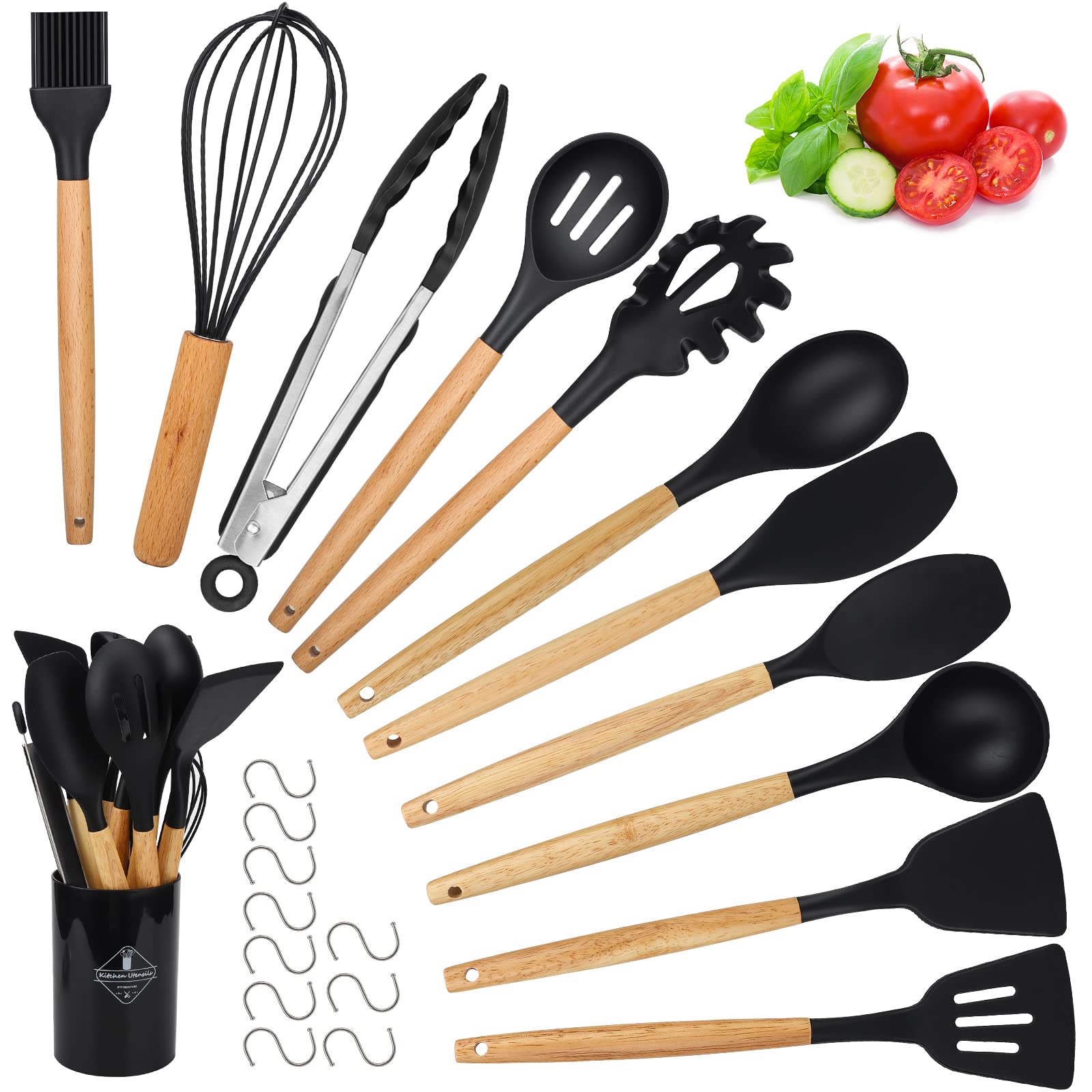 Set 19 Utensili Da Cucina In Silicone Con Manico In Legno E Supporto - Resistenti Al Calore (240°C), Antiaderenti, Senza BPA - Colore Cachi