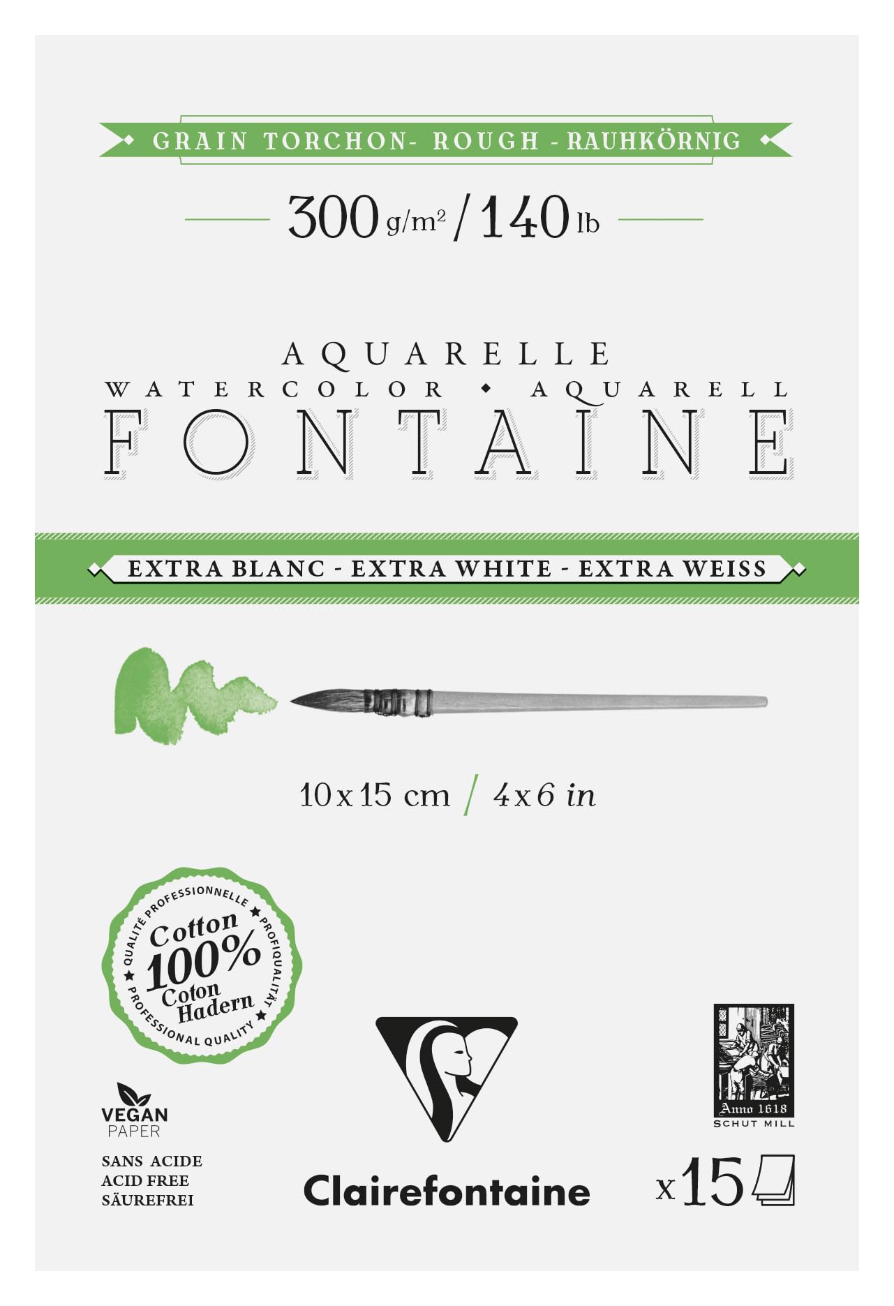Clairefontaine 976077C 4-Sided glued pad, Extra White, torchon Grain, 10x15cm, 300g - 15 Sheets of Extra White Watercolour Paper, 100% Cotton - Quality