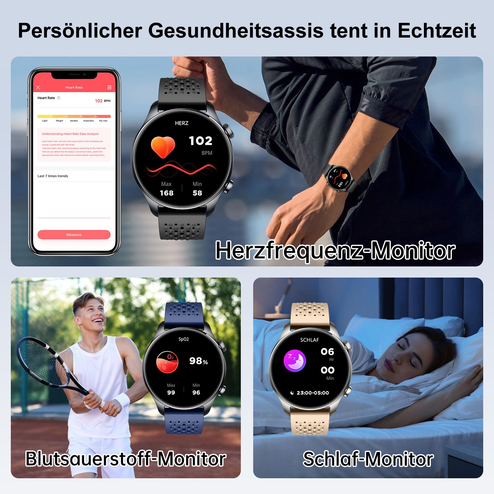 Smartwatch Herren mit GPS 30m Wasserdicht, Laufuhr für Android und iOS Blau | Herren Fitness Uhr Bluetooth Anruf Zolovip 1,44 Zoll AMOLED Rundes Display, Herzfrequenz/Schlaf/SpO2-Monitor, 100+ Sportmodi