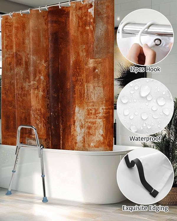 Forzzniciya Split Shower Curtain for Transfer Bench, Burnt Orange Waterproof Shower Curtains Set with Hooks - 72 x 72 Inches, Oil Painting Abstract Geometric Bathroom Privacy Curtain Panel by Forzzniciya - Used condition - Image 6