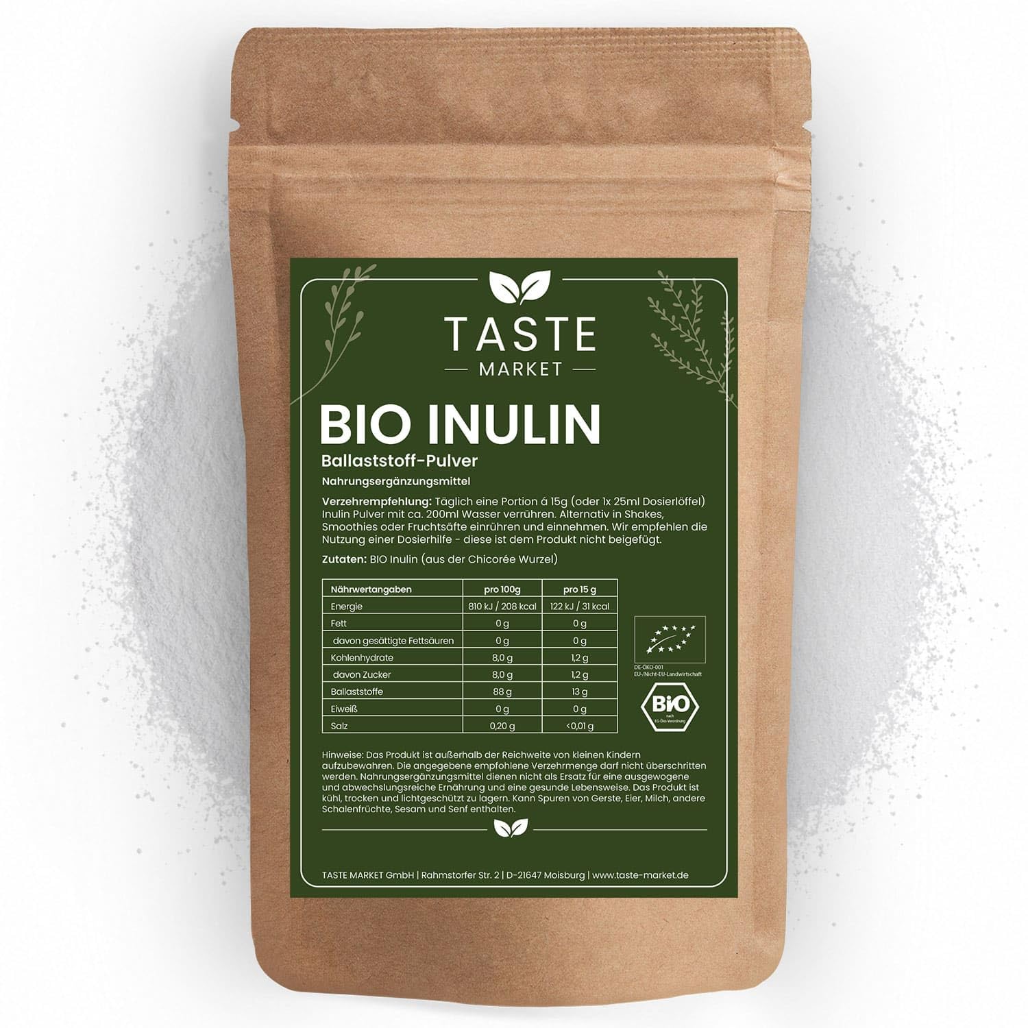 Bio Inulin 10kg Ballaststoff Pulver aus der Agave Präbiotika 100% Bio Qualität vegan Taste Market