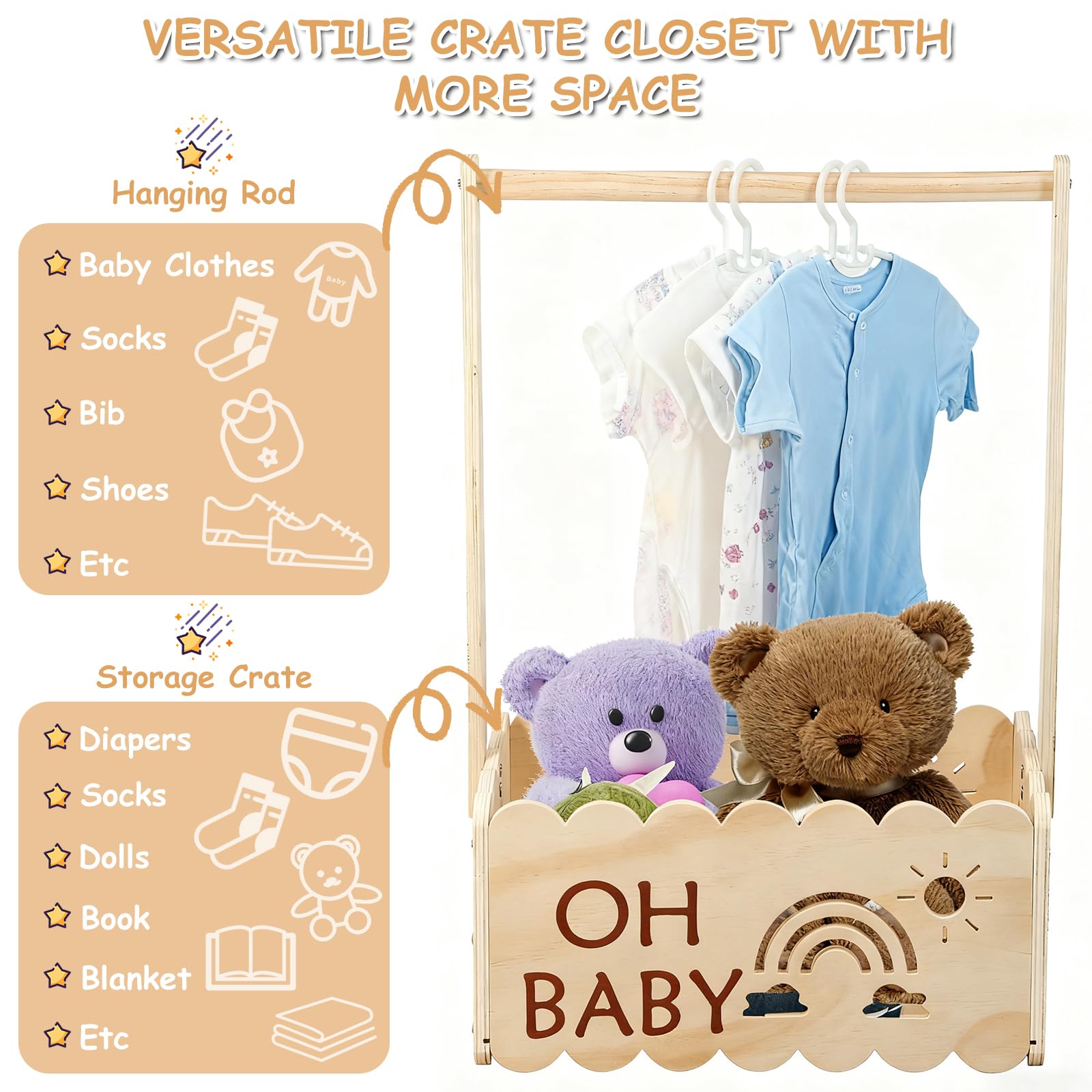 Anihet Baby Shower Crate Closet, Wooden Baby Shower Basket with Handle - Image 4