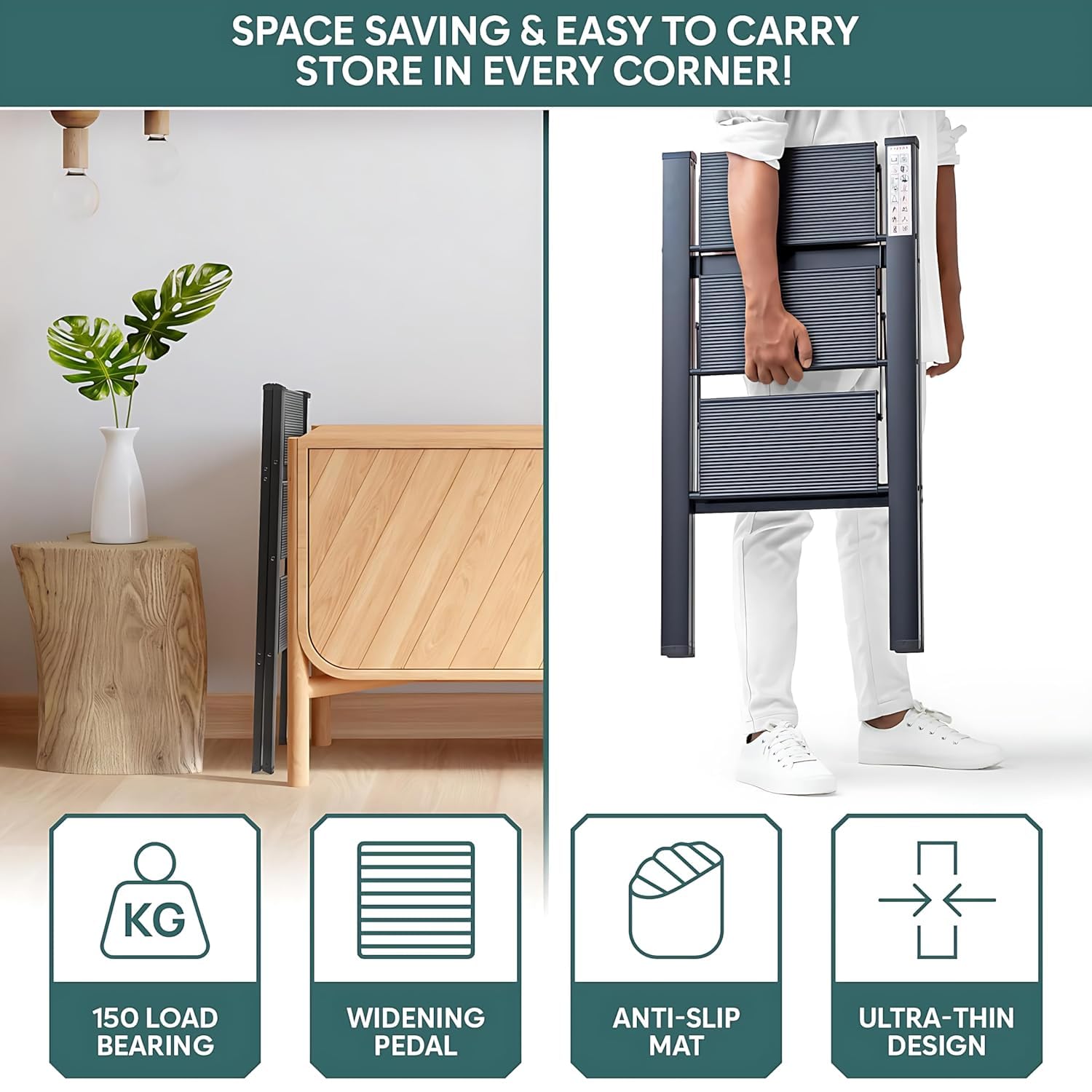 GNOLY Folding Step Stool for Adults | Step Ladder Folding Multipurpose Household Garden Building Work | Space Saving Multipurpose Three Step Stool with 150 Kg Capacity (1Pcs) 2