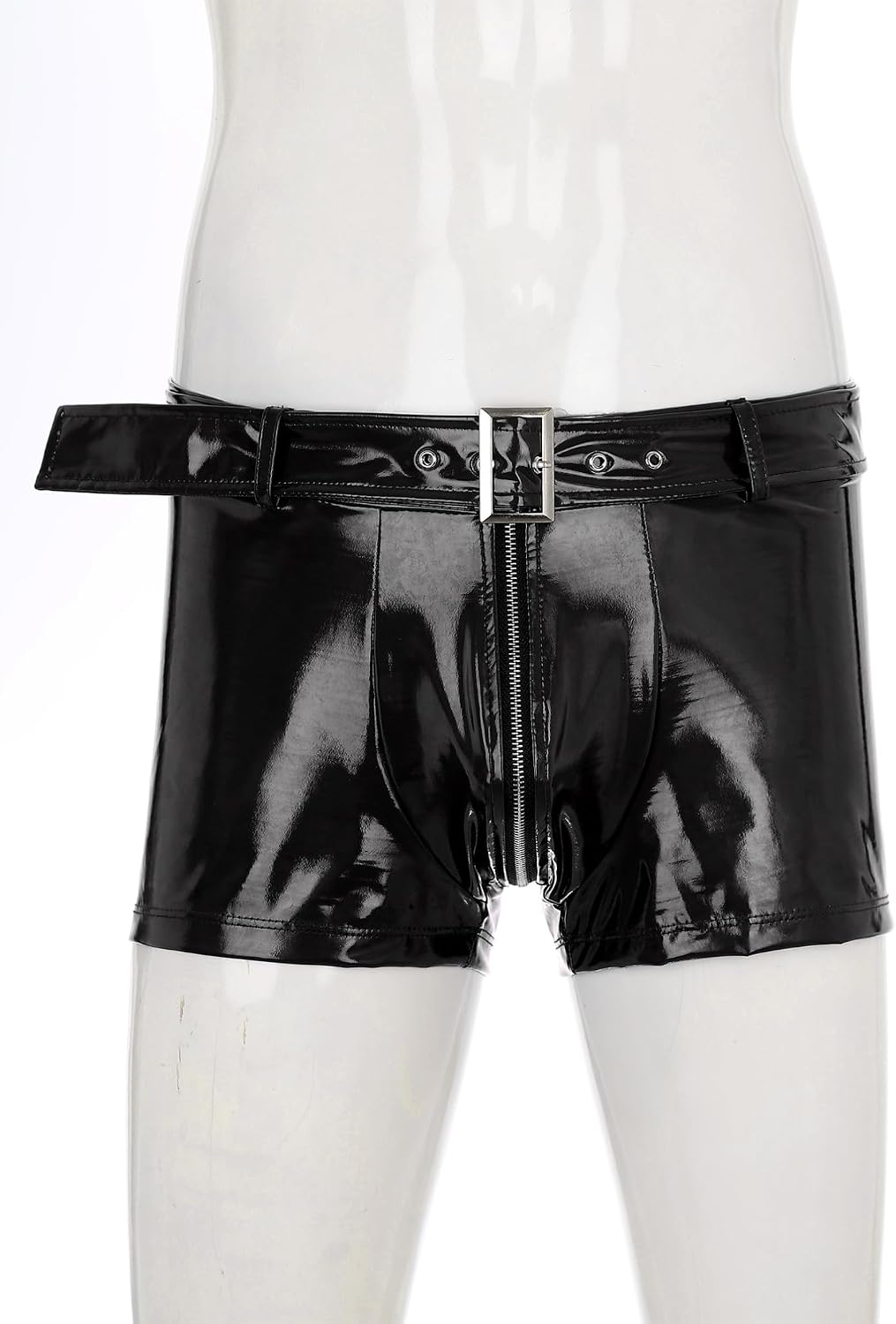 YiZYiF Men Wet Look Patent Leather Zippered Shorts Hot Pants with Waist Belt Hipster Trunks Clubwear