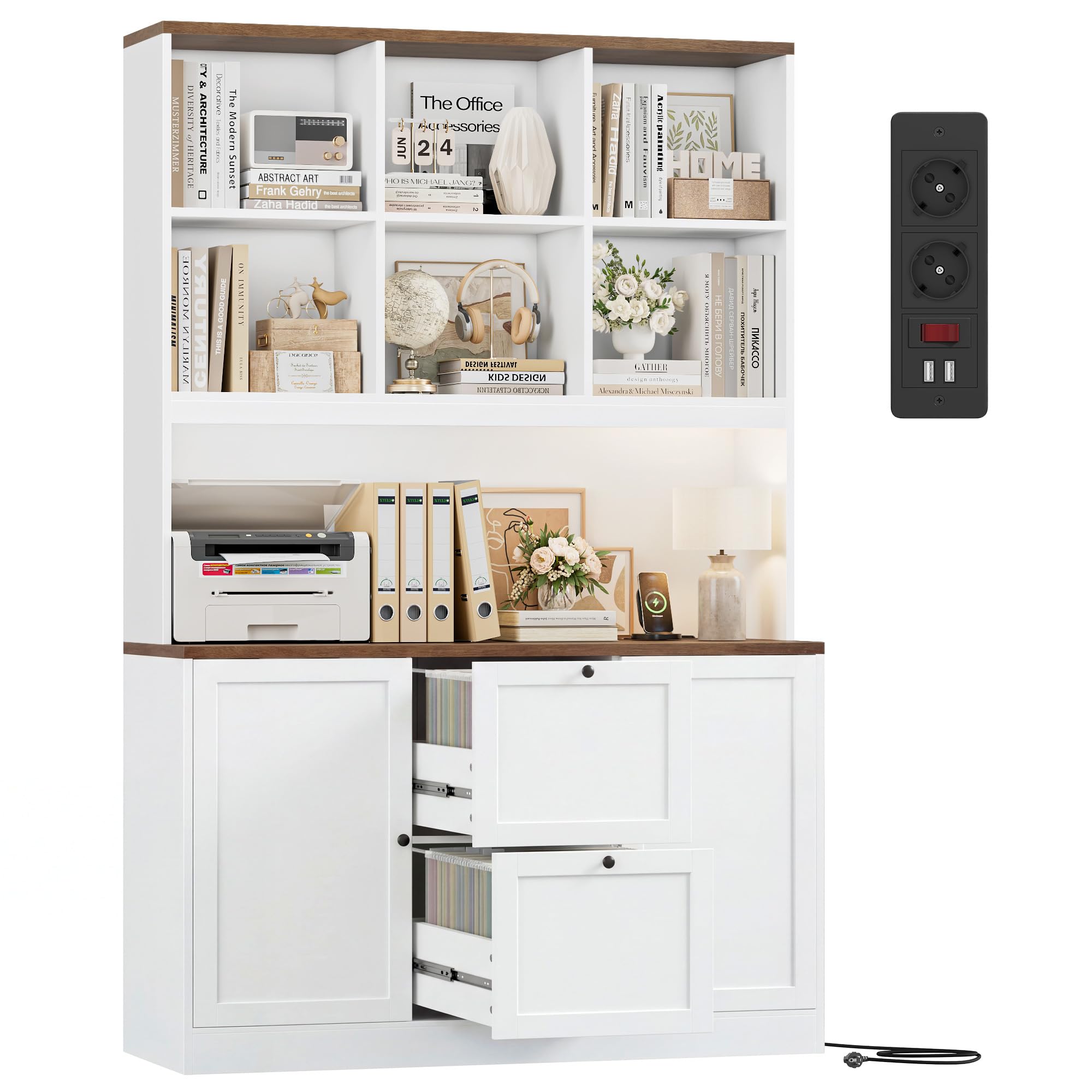 FirFurd Bibliotheque Meuble de Rangement avec Prise/USB, 2 Portes 2 Tiroirs pour Dossiers Suspendus, Armoire Bureau Bibliothèque Livre pour Salon Cuisine 116x40x182cm Blanc