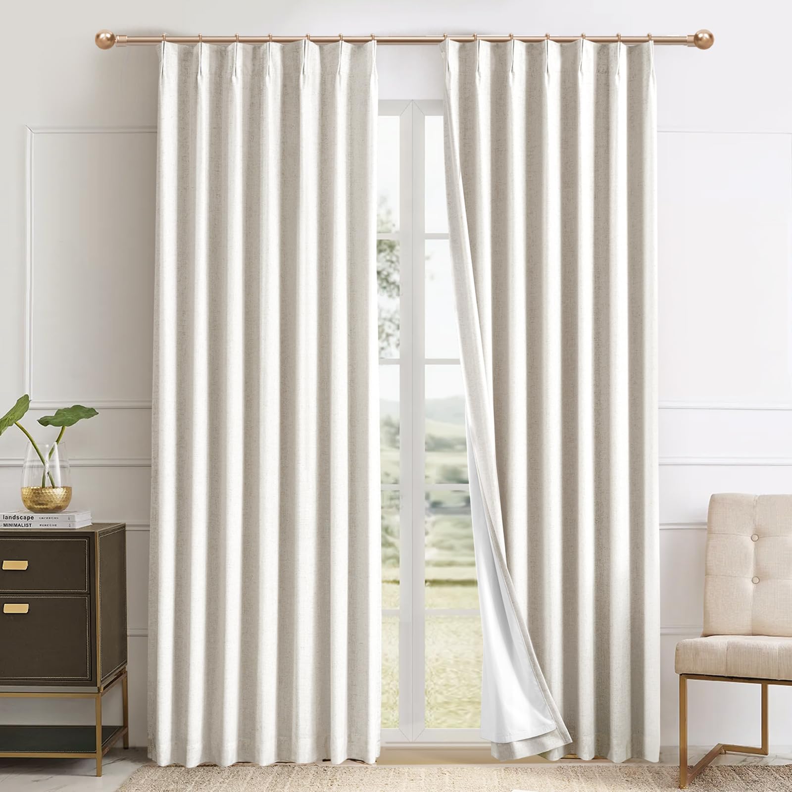 IVAPUPU Natural Linen Blend Pinch Pleated Blackout Curtains for Bedroom - Black Out Curtains 72 Inch 2 Panels for Living Room Darkening Thermal