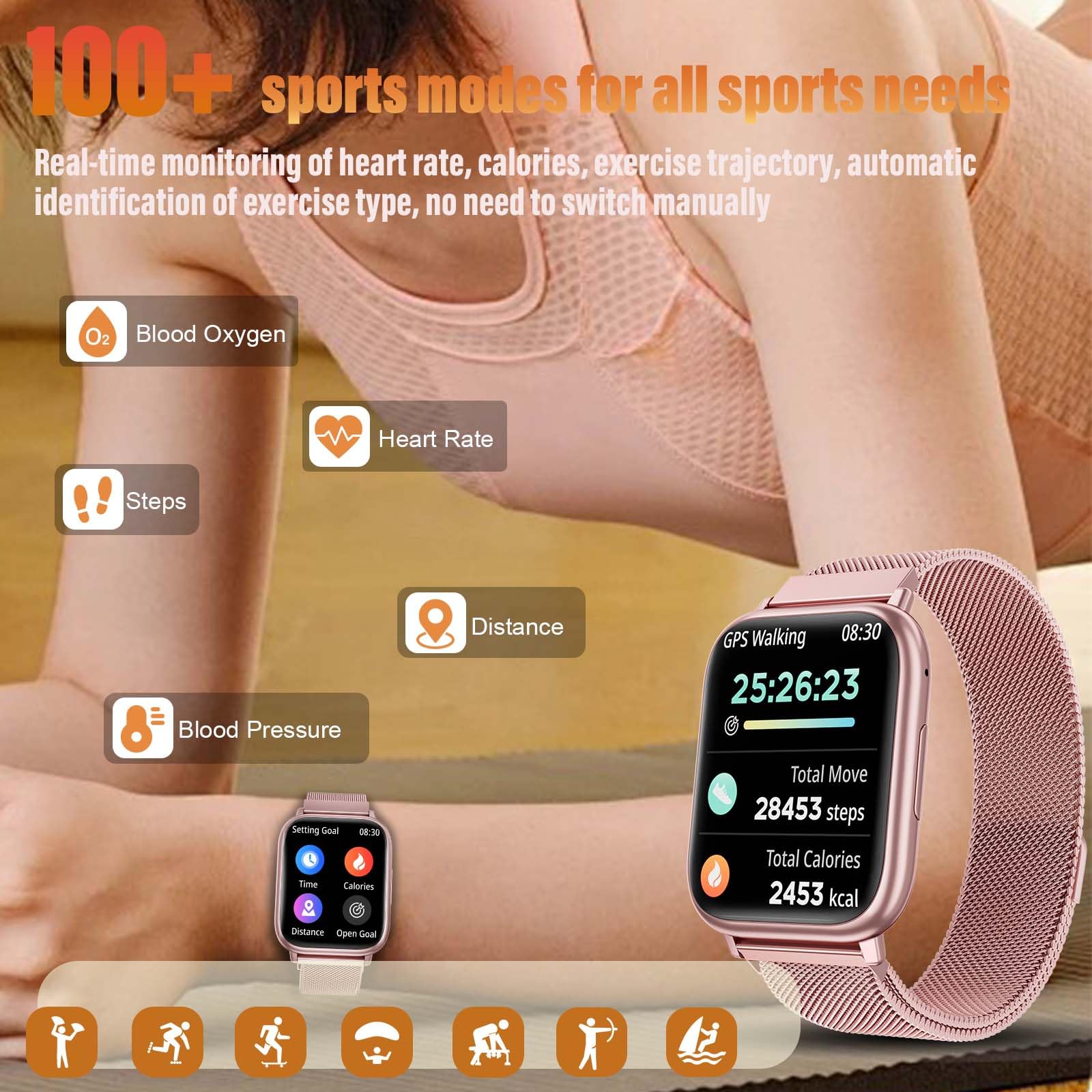 Smartwatch Donna, 1.83" Fitness Orologio con Effettua/Risposta Chiamate, con SpO2, 24H Cardiofrequenzimetro, Sonno, Ciclo Mestruale, Contapassi, 100+ Modalità Sportive, per iOS Android (pink gold)
