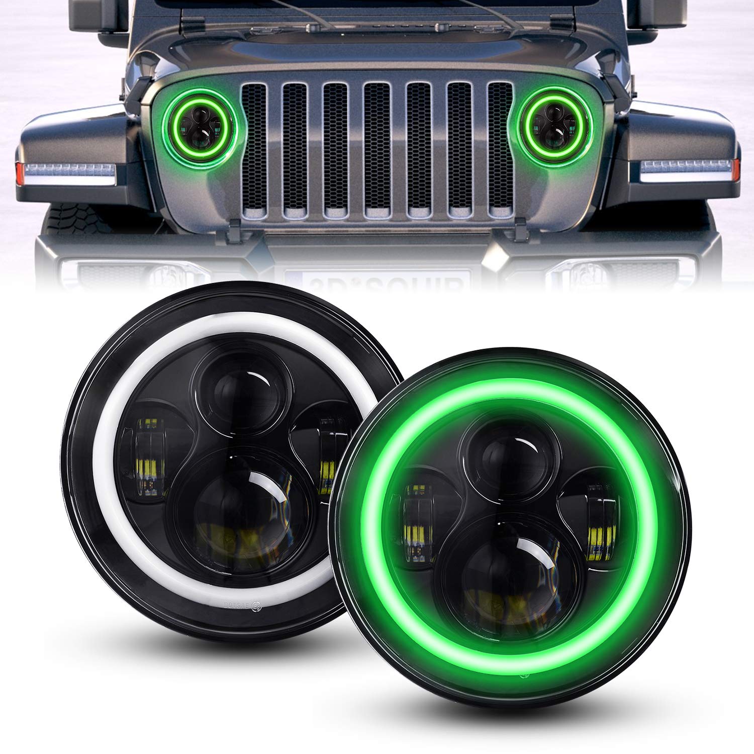 YEEGO DIRECT 7 Inch LED Headlights with Green Halo Amber Turn Signal Lights LED Headlight High/Low Beam Compatible ith Wrangler JK LJ CJ TJ 1997-2018