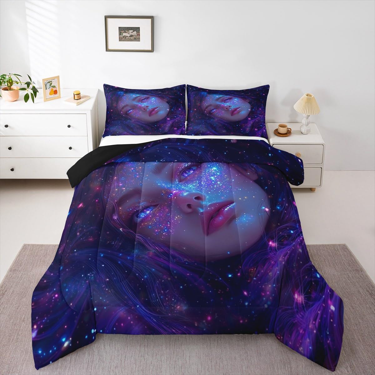 Erosebridal 3D Japanese Girl Comforter Set with Glitter Stars Decorations Galaxy Bedding Full Size 3 Pieces Anime Decor Down Comforter, Fashion Anime Gifts for Girls Duvet Set with 2 Pillowcases
