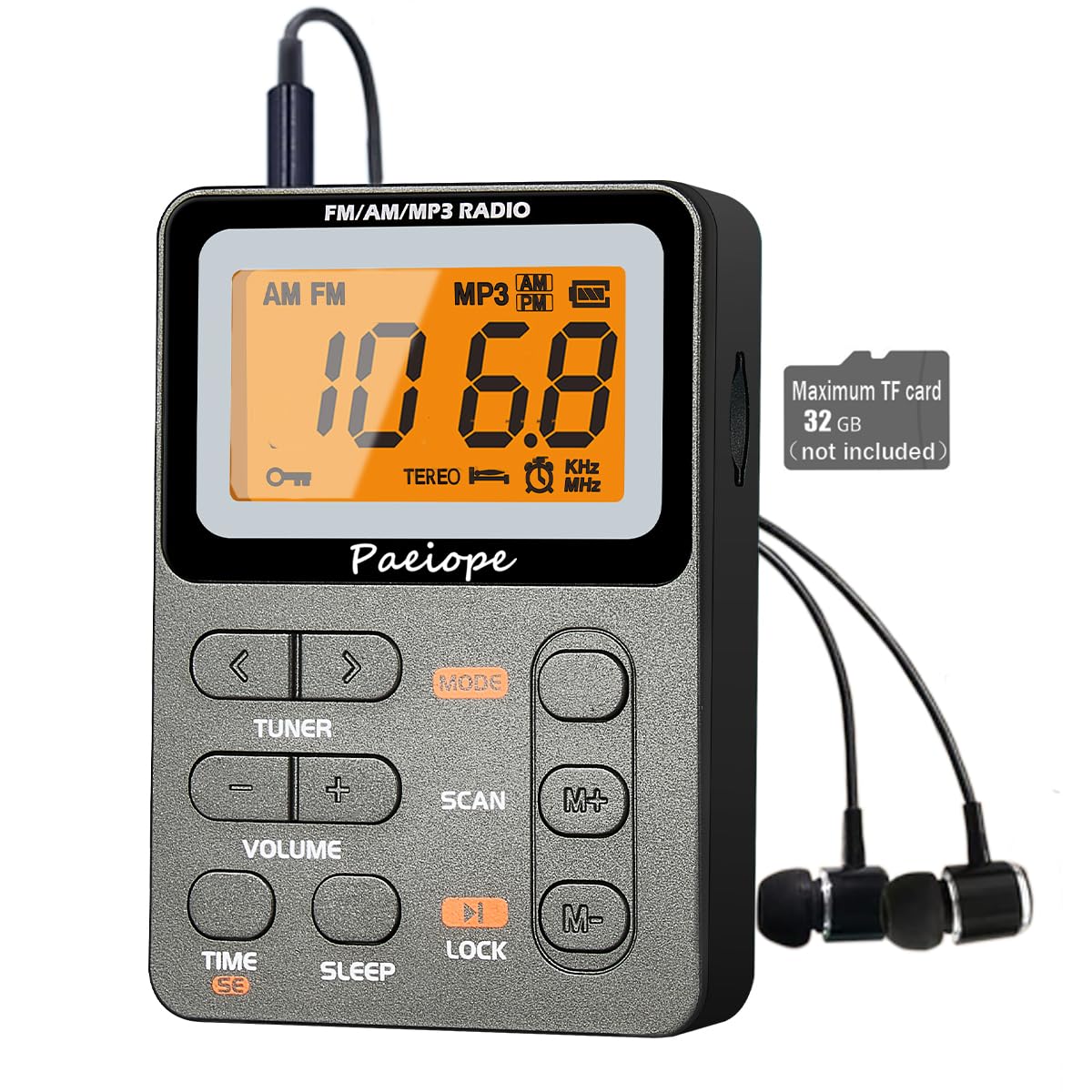 Paeiope Portable Radio AM FM, Rechargeable Pocket Speaker with Best Reception Digital Tuning, MP3, Stereo Earphone, Large LCD Screen, TF Card Socket, Transistor Radio for Jogging/Gym/Camping (Grey)-image-23