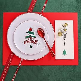 WDF 175pcs Christmas Plates Dinnerware - 25 Guests Unquie Desgin Red Plastic Plates with Green Christmas Tree Pattern, Red Plastic Cutlery, Clear Cups and Napkins