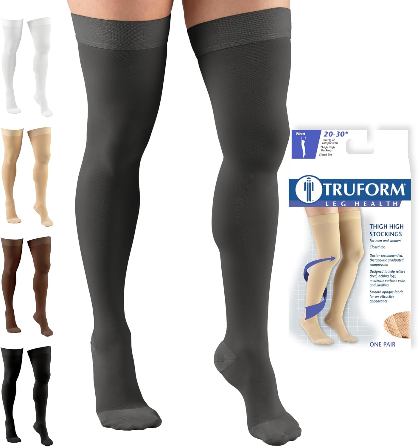 Truform 20-30 mmHg Compression Stockings for Men and Women, Thigh High Length, Dot Top, Closed Toe, Charcoal, X-Large