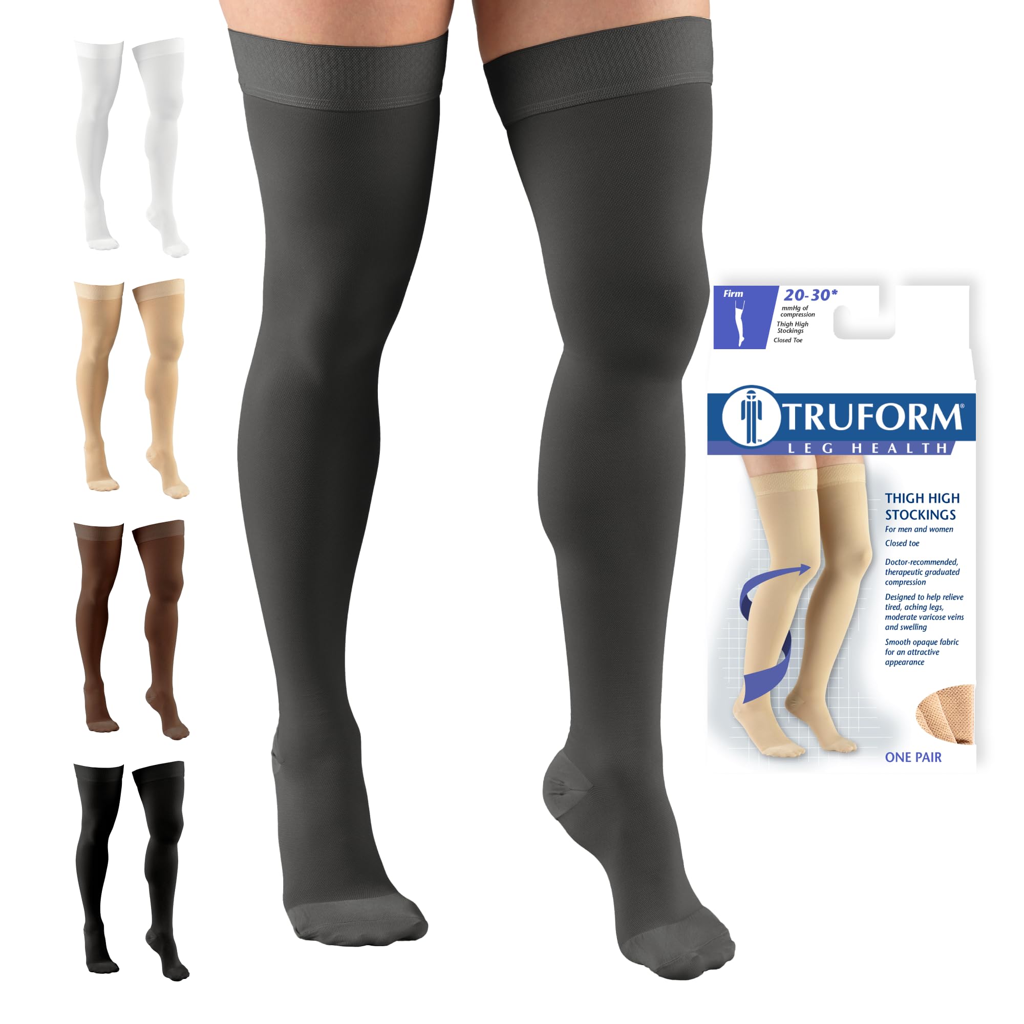 Truform 20-30 mmHg Compression Stockings for Men and Women, Thigh High Length, Dot Top, Closed Toe, Charcoal, X-Large