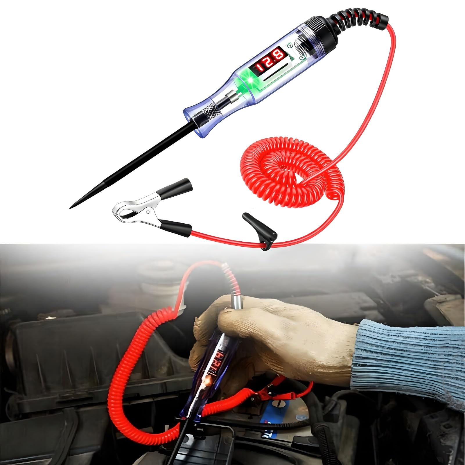 車用回路電圧テスター [DC 3-48V] デジタル サーキットテスター LED極性判定 導通 断線チェック バックライト 12V 24V 48V バイク トラック 整備 工具 配線 DIY 伸縮スプリング