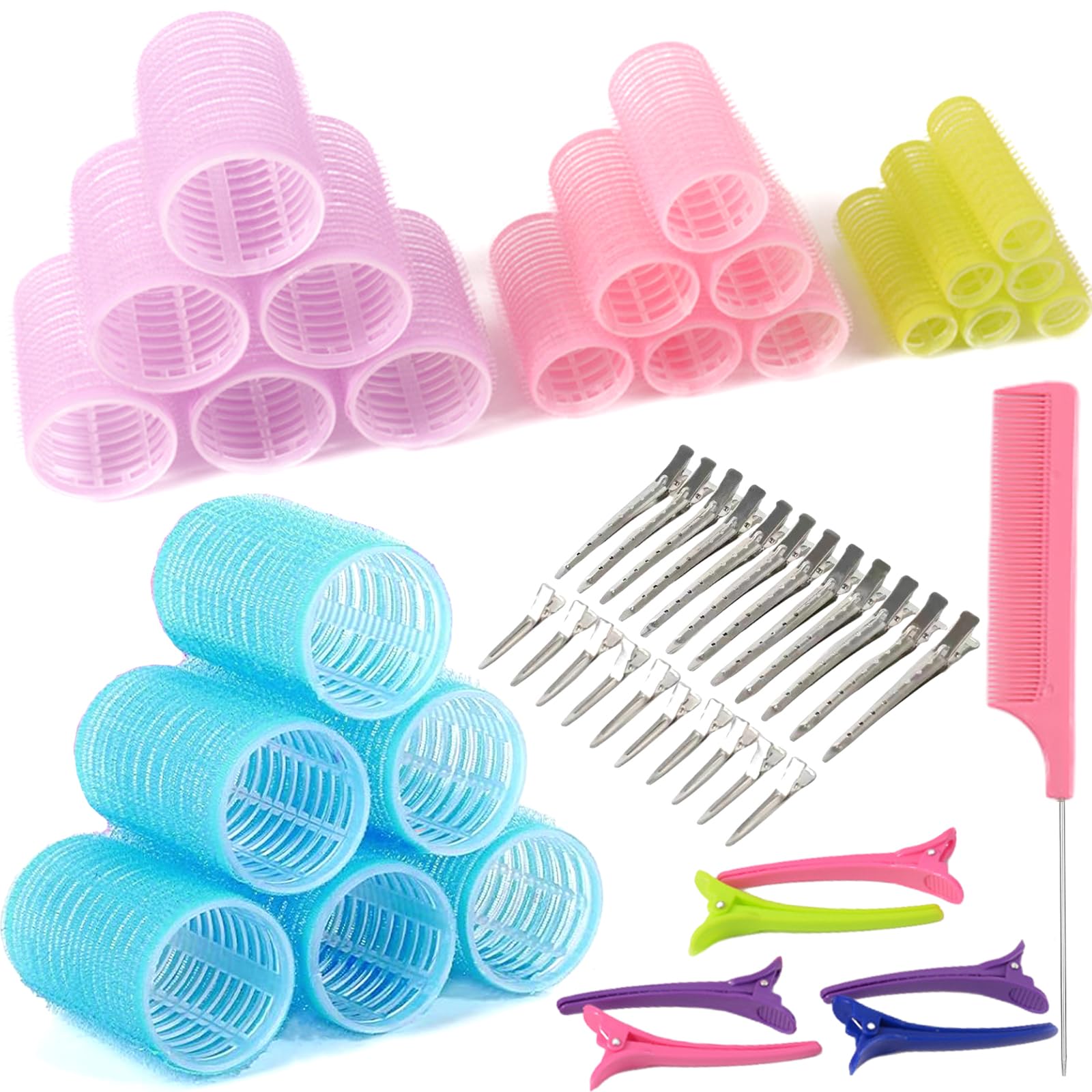 51 Piezas Rizador Autoadhesivos Set, Rulos Pelo con Clips de Pico de Pato, Peine de Aguja de Acero, Bigudies Pelo Sin Calor en 4 Tamaños, Velcro Rulos para el Pelo, Largos, Medianos, Cortos