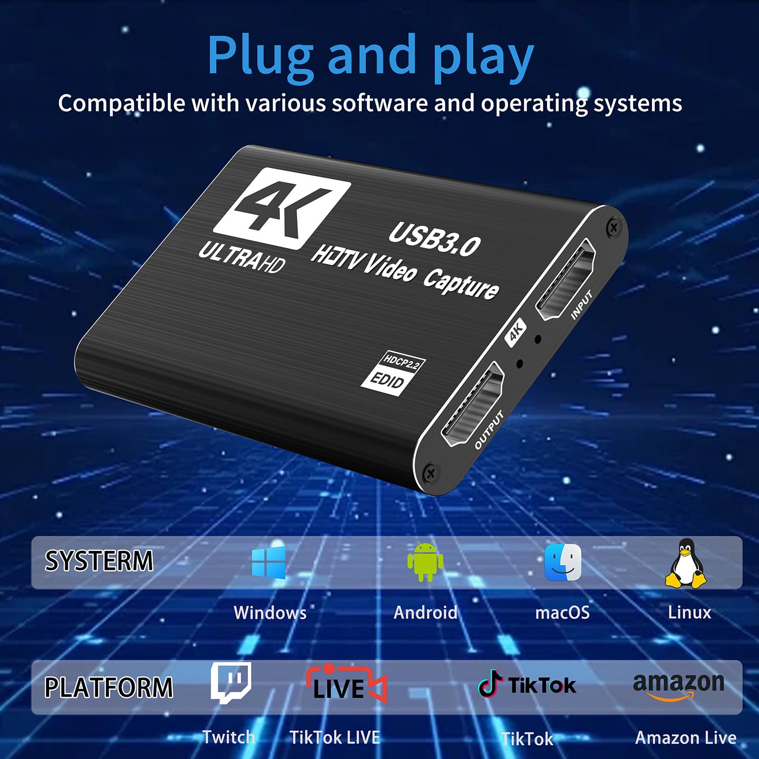 Scheda di acquisizione video, scheda di acquisizione audio video USB 3.0 4K HDMI Loop-Out, Full HD1080P 60 FPS/2K 30 FPS, per streaming funziona per Xbox/PS5/Switch/fotocamera/PC/OBS/Nintendo Switch