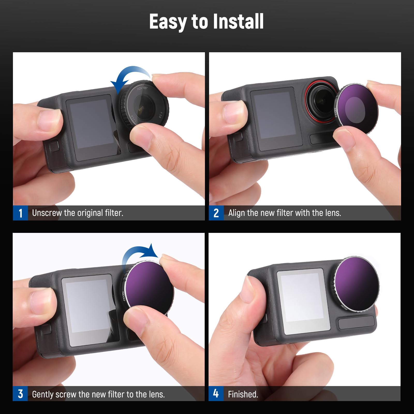 NEEWER Zestaw filtrów ND kompatybilny z DJI Osmo Action 4, 4-pak ND8 ND16 ND32 CPL zestaw filtrów polaryzacyjnych o neutralnej gęstości, akcesoria do obiektywów kamer akcji, wielowarstwowe szkło