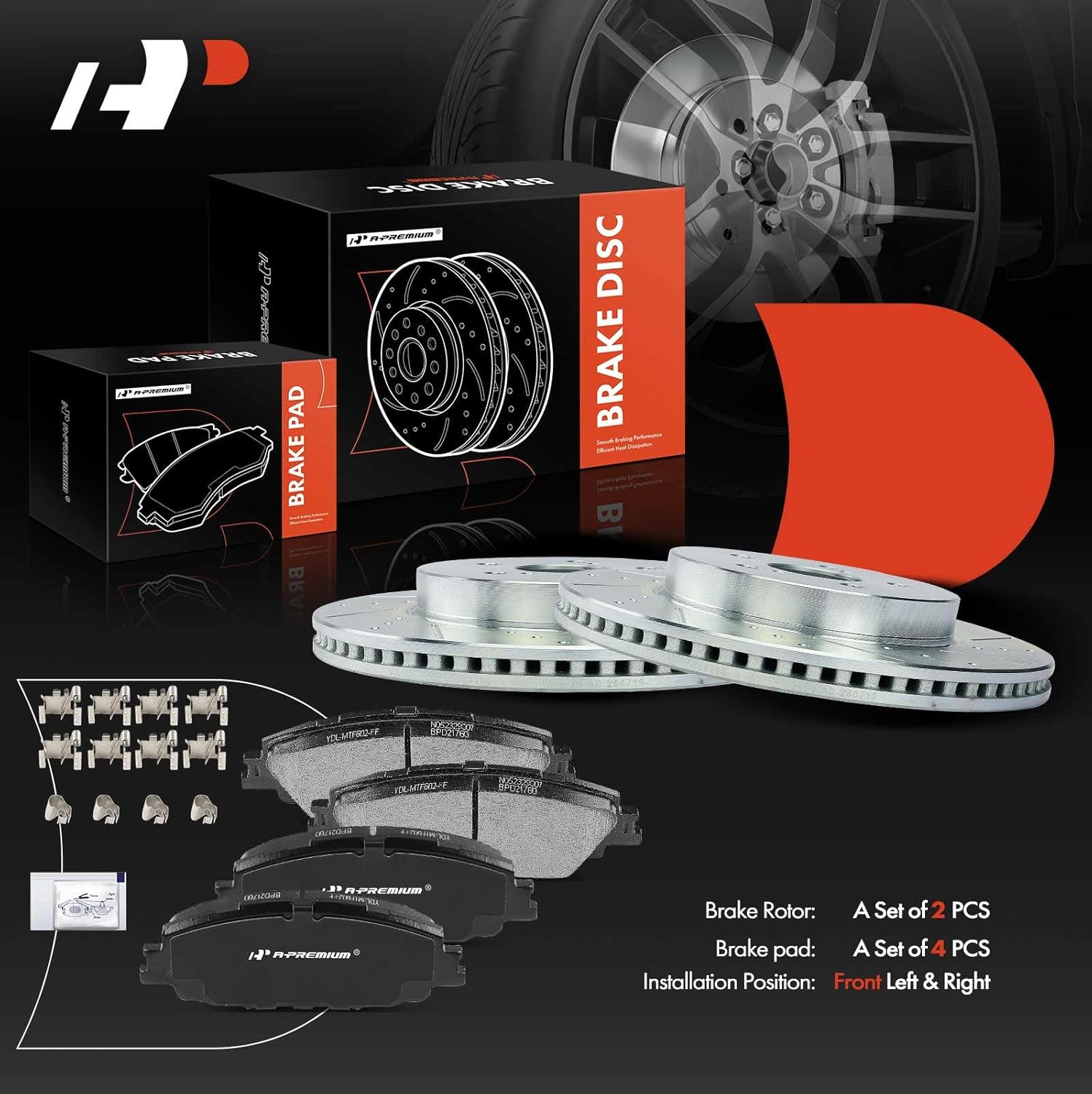 A-Premium 11.15 inch (283.1mm) Front Drilled and Slotted Disc Brake Rotors + Ceramic Pads Kit Compatible with Select Toyota Models - Corolla 2019-2022, Prius Prime 2020-2022, 6-PC Set