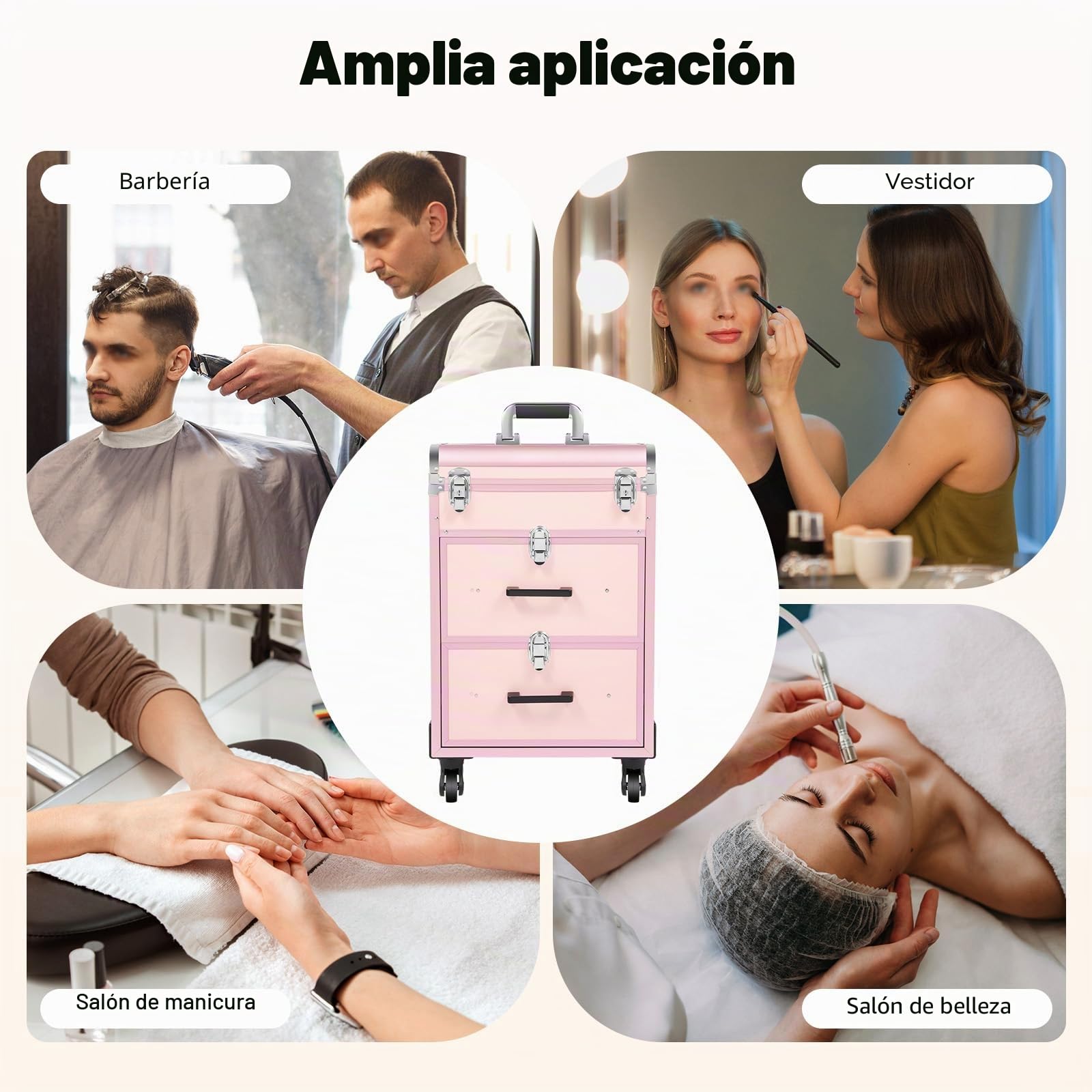 Maletín de cosméticos con carro, grande maletín de maquillaje de 3 capas con 2 cajones, maletín rodante de maquillaje, neceser portátil con 4 ruedas, maletín de belleza para equipaje de mano
