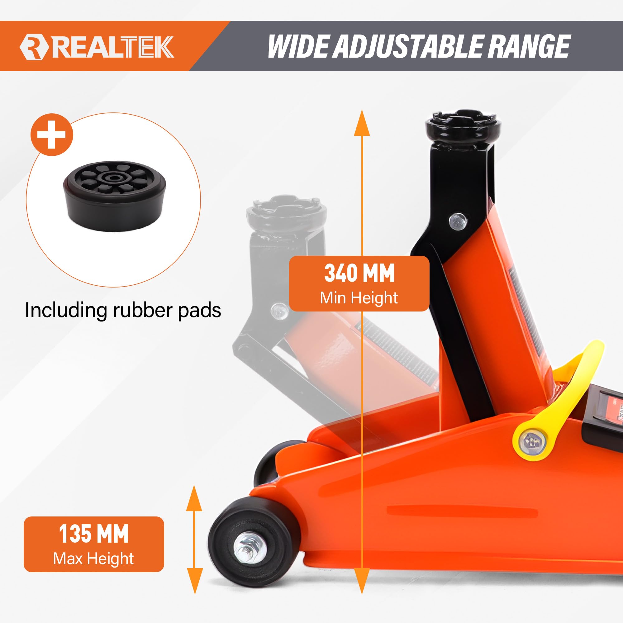 REALTEK Cric idraulico 2T, cric auto, 135 – 340 mm, cric idraulico a 360° per auto per Riparazione Auto, casa e officina