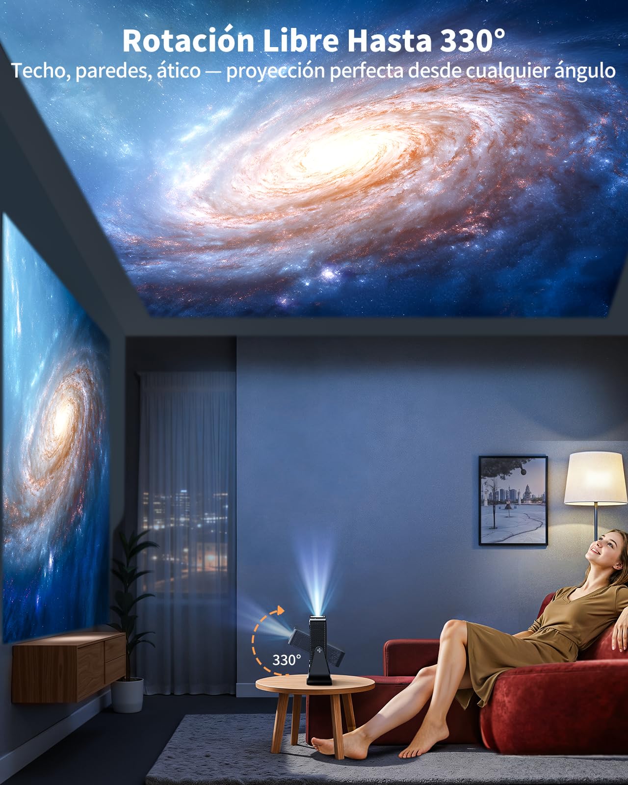 Proyector 4K【Netflix Ready+TV Directo】 Proyector Portatil App Integrada Auto Focus/Keystone 1080P FHD Nativo con HDR10, Giro 330° WiFi Bluetooth Mini Proyectors Projector Cine en Casa/Exterior/HDMI
