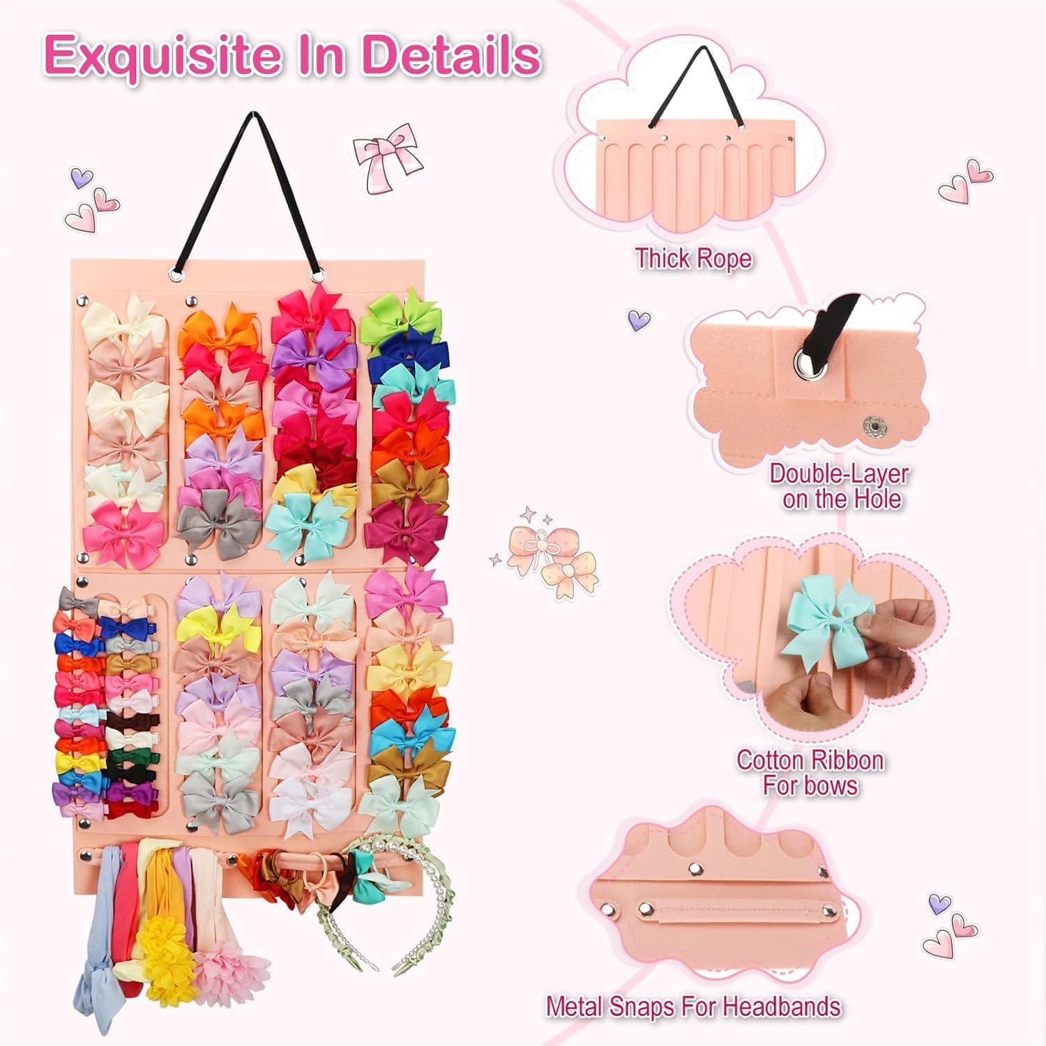CESITRA Bows hairband Holder 16 Ribbons Row Organizer Bow Hanger for Girls Baby Hair Accessory Storage Display Wall Hanging for Girl Room Baby Nursery Decors 2