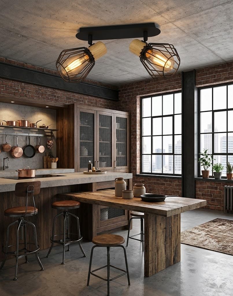 Eglo PALMORLA 2-Light Vintage Ceiling Spotlight | Black Steel & Brown Wood Adjustable Spotlights | E27 Industrial Farmhouse Ceiling Light for Living Room, Kitchen & Hallway-image-22
